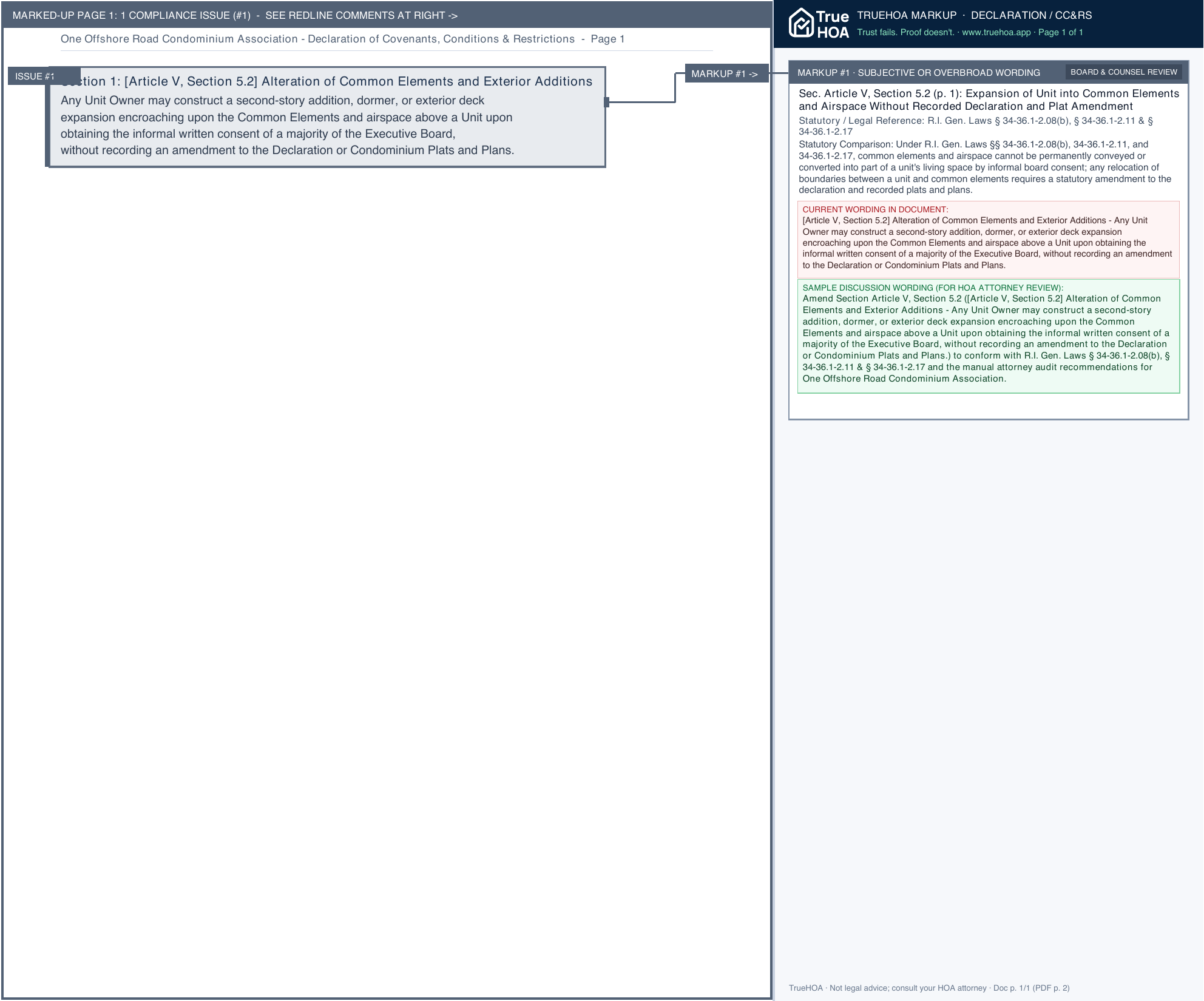 One Offshore Road Condominium Association Declaration of Covenants, Conditions & Restrictions page 1 widened with TrueHOA Crystal AI margin annotations