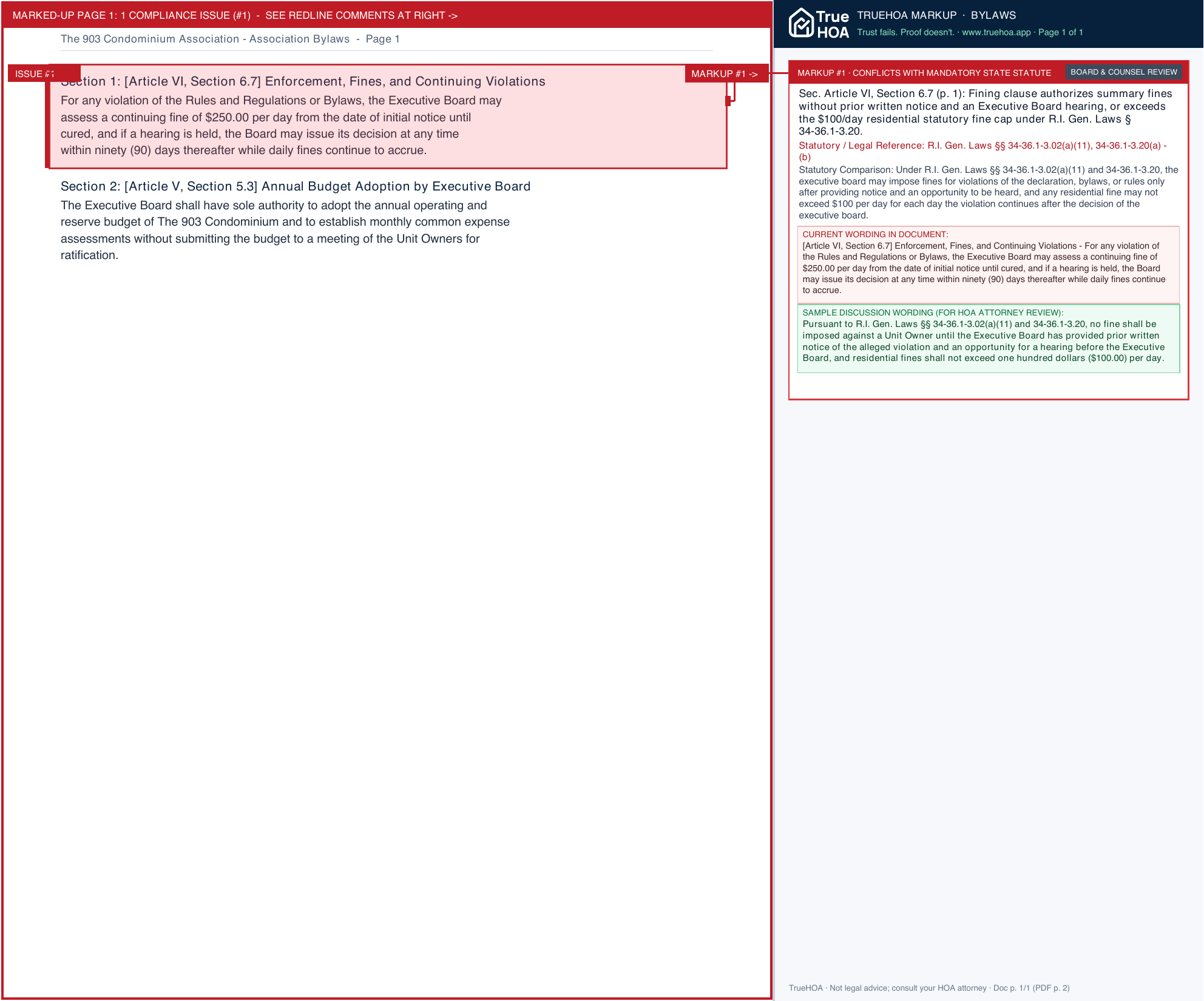 The 903 Condominium Association Association Bylaws page 1 widened with TrueHOA Crystal AI margin annotations