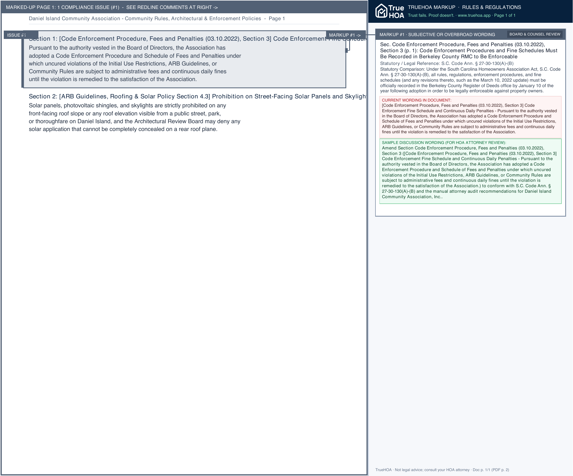 Daniel Island Community Association Community Rules, Architectural & Enforcement Policies page 1 widened with TrueHOA Crystal AI margin annotations
