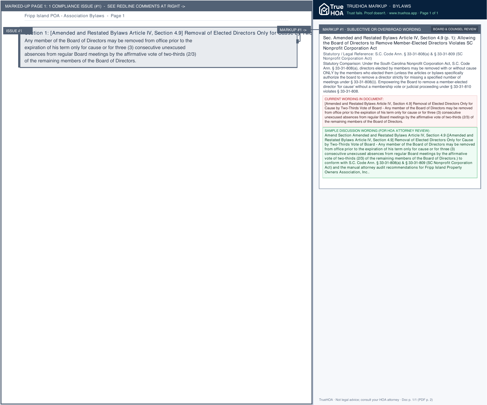 Fripp Island POA Association Bylaws page 1 widened with TrueHOA Crystal AI margin annotations