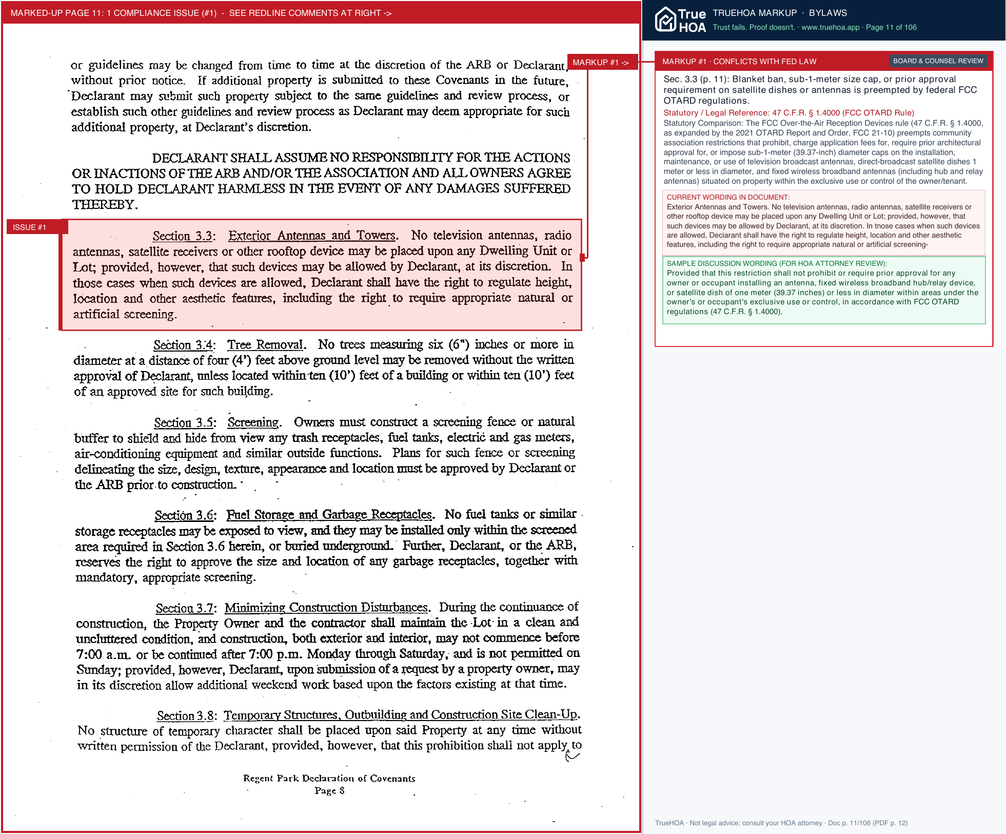 Regent Park Community Owners Association Regent Park Decs Bylaws page 11 widened with TrueHOA Crystal AI margin annotations