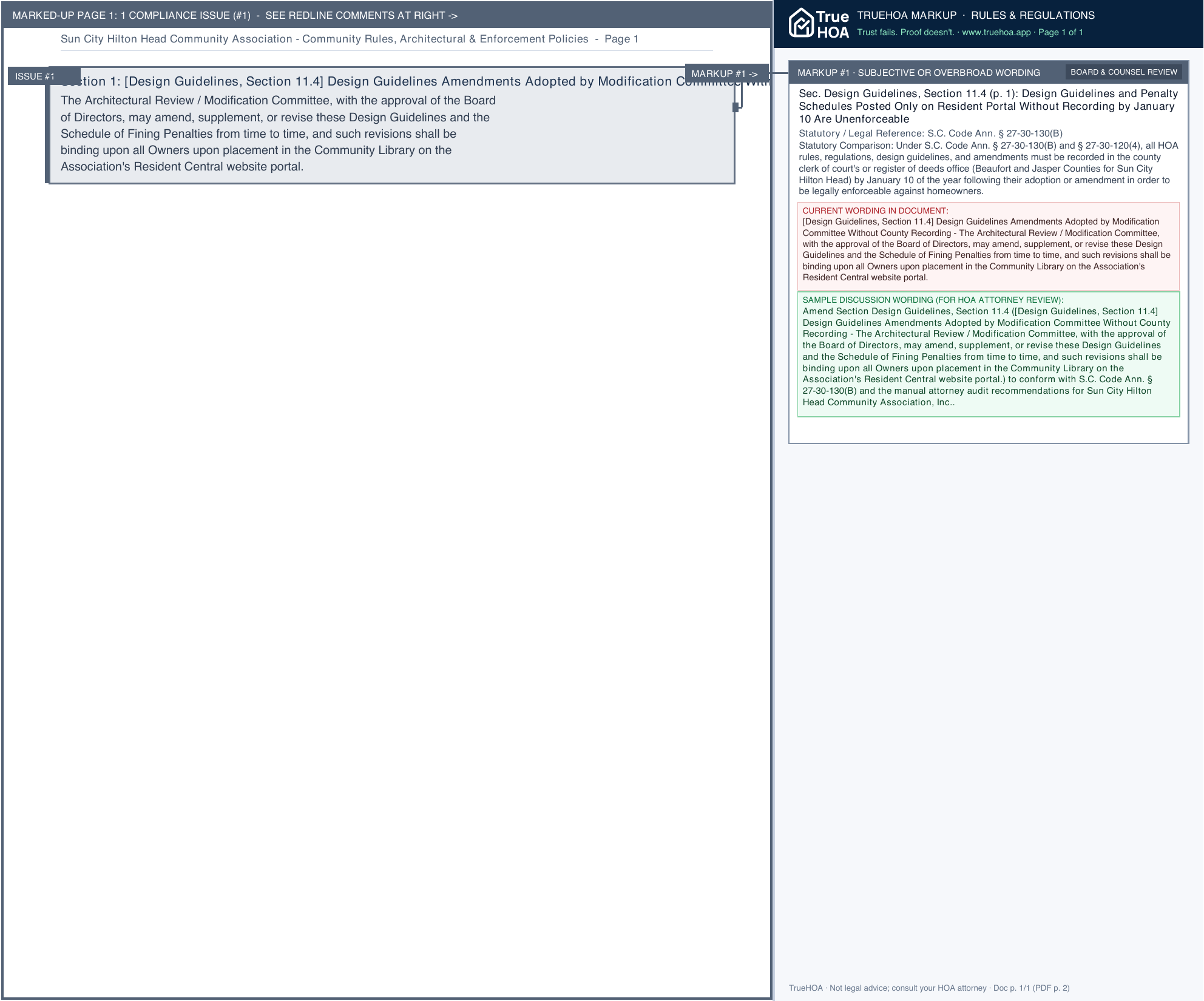 Sun City Hilton Head Community Association Community Rules, Architectural & Enforcement Policies page 1 widened with TrueHOA Crystal AI margin annotations