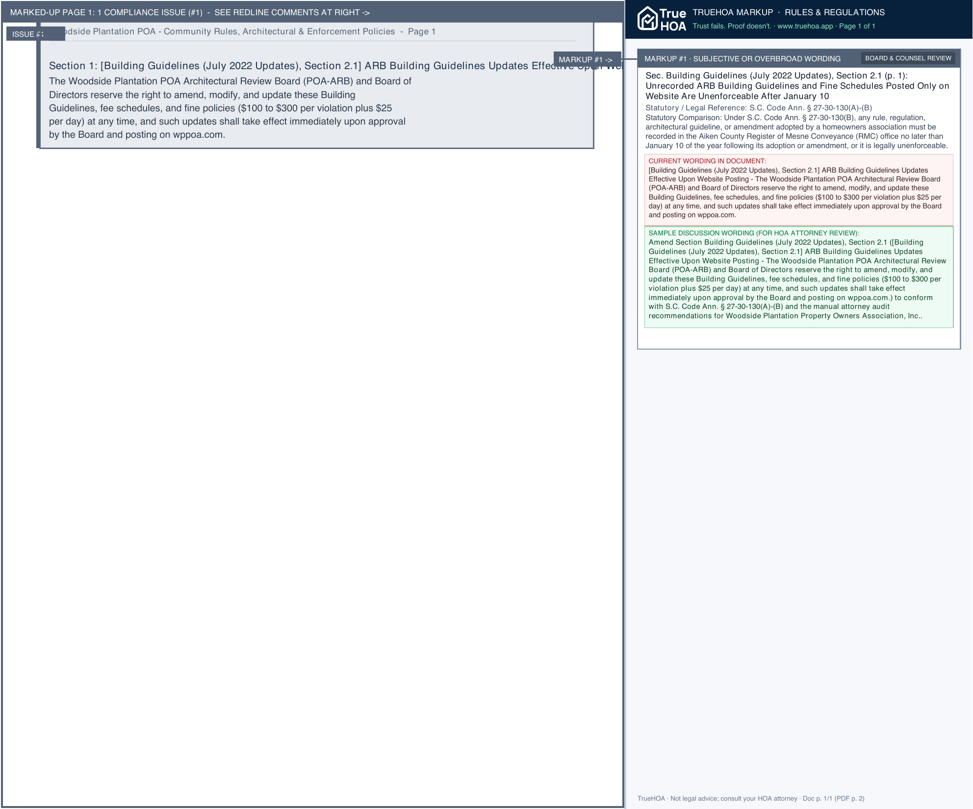 Woodside Plantation POA Community Rules, Architectural & Enforcement Policies page 1 widened with TrueHOA Crystal AI margin annotations