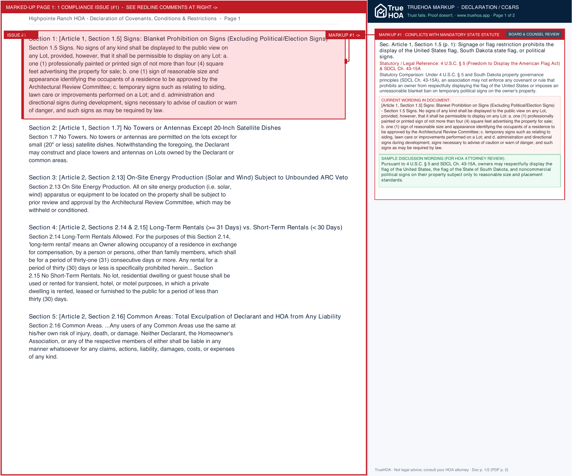 Highpointe Ranch HOA Declaration of Covenants, Conditions & Restrictions page 1 widened with TrueHOA Crystal AI margin annotations