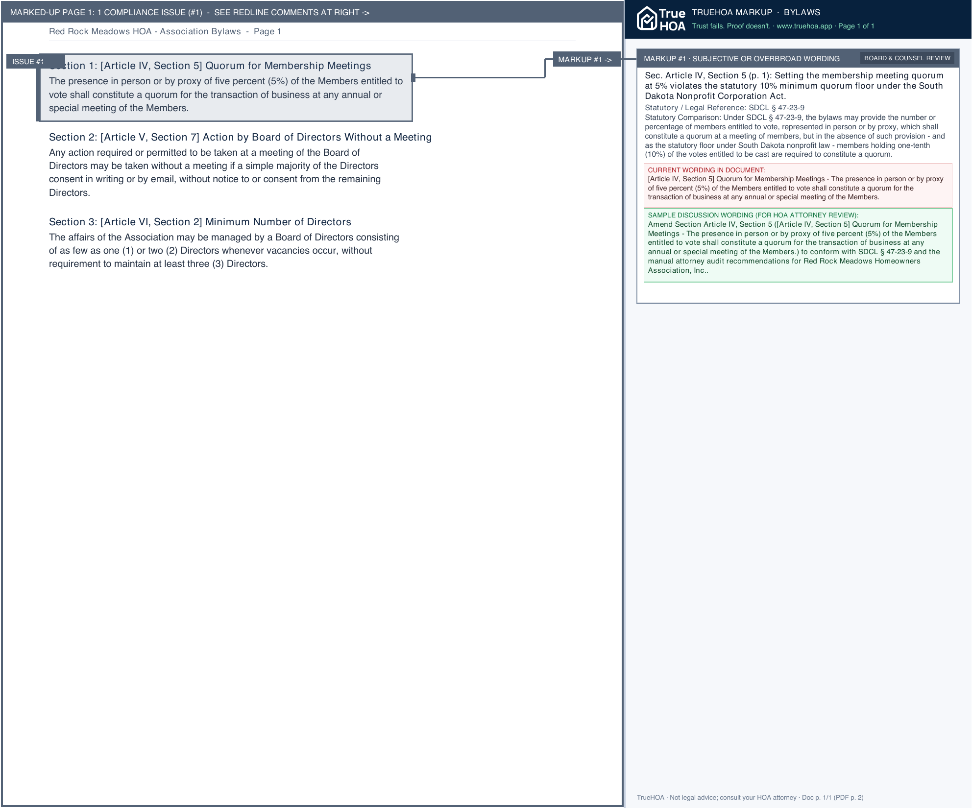Red Rock Meadows HOA Association Bylaws page 1 widened with TrueHOA Crystal AI margin annotations