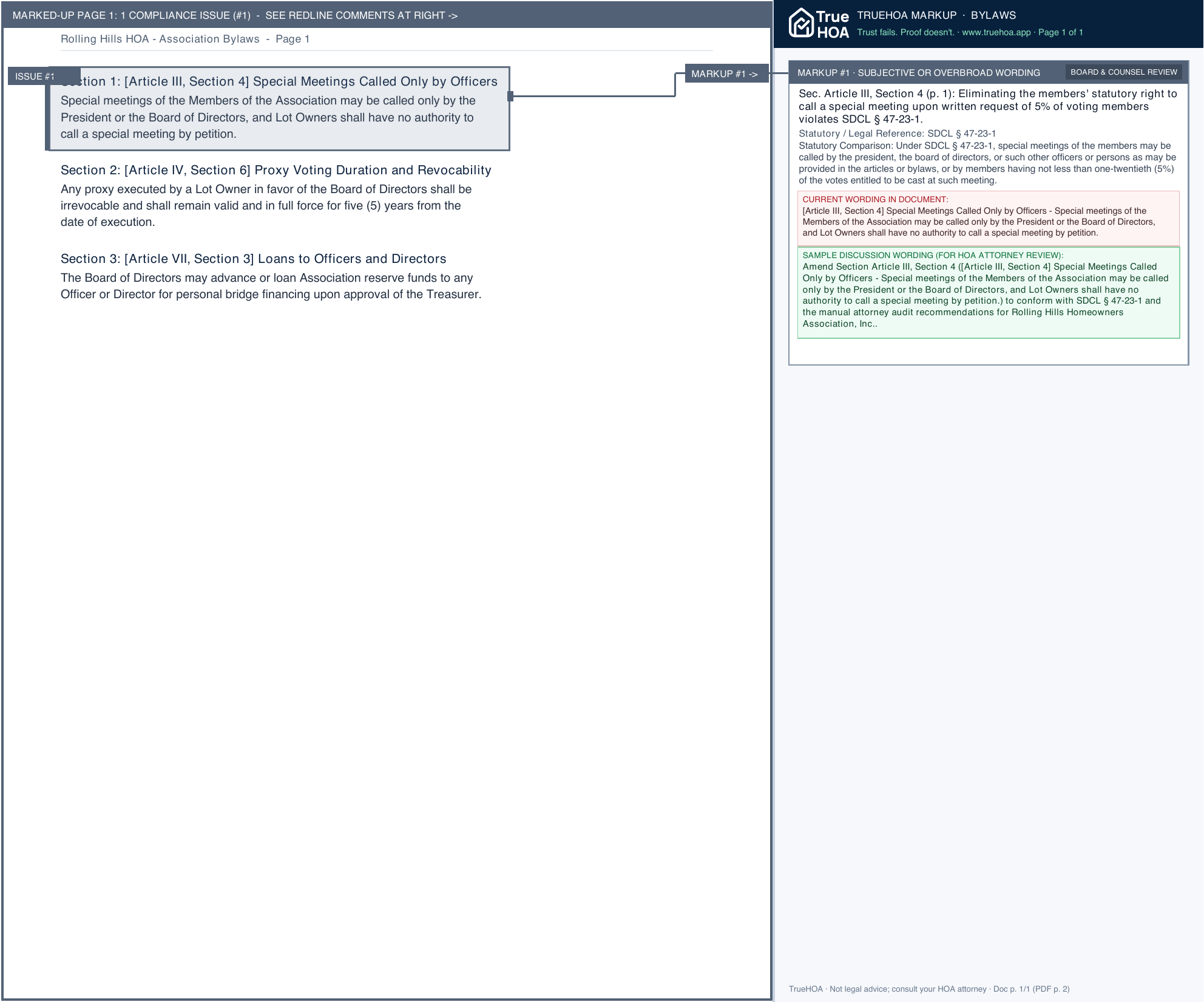 Rolling Hills HOA Association Bylaws page 1 widened with TrueHOA Crystal AI margin annotations