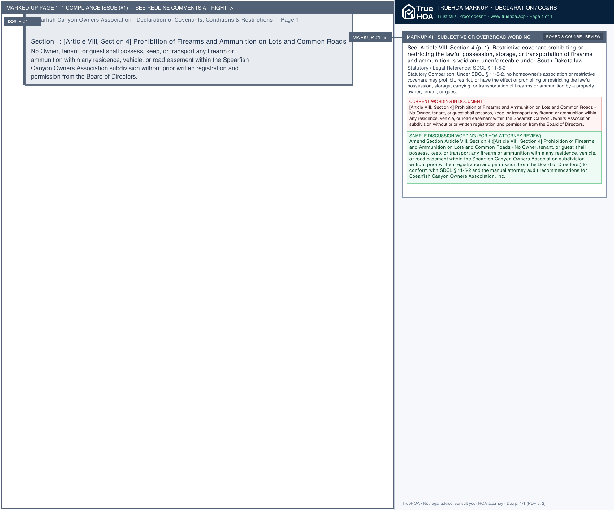 Spearfish Canyon Owners Association Declaration of Covenants, Conditions & Restrictions page 1 widened with TrueHOA Crystal AI margin annotations