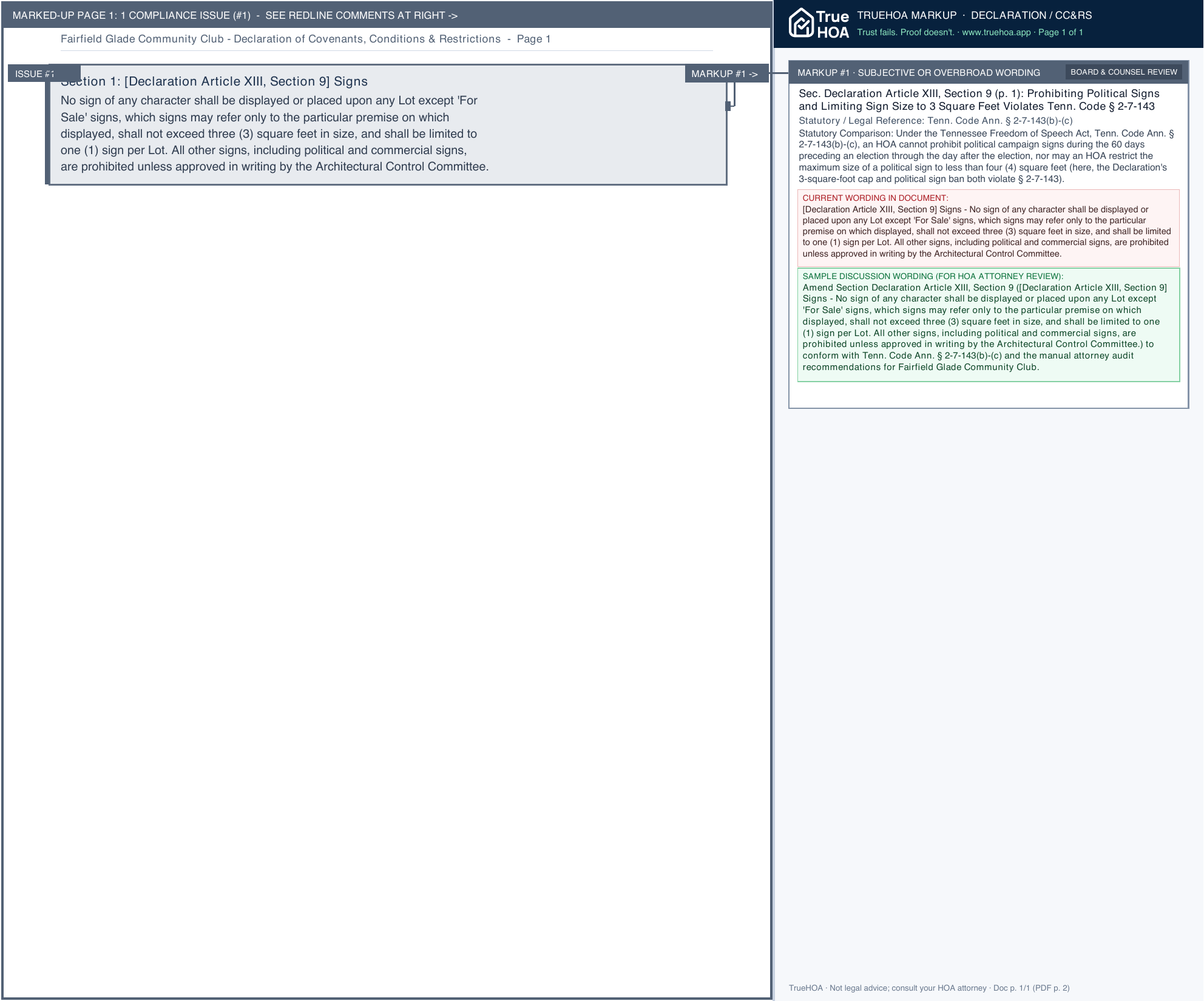 Fairfield Glade Community Club Declaration of Covenants, Conditions & Restrictions page 1 widened with TrueHOA Crystal AI margin annotations