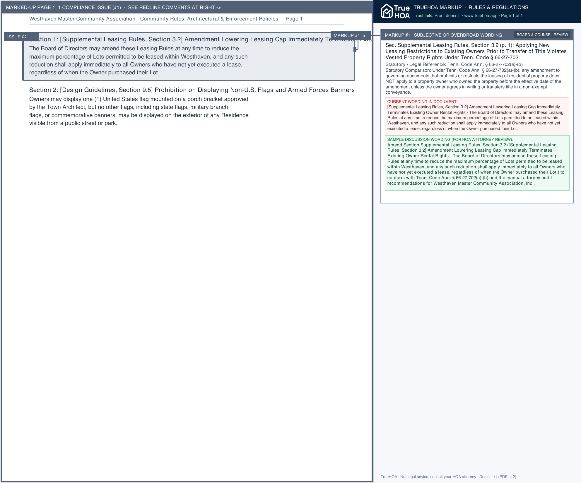 Westhaven Master Community Association Community Rules, Architectural & Enforcement Policies page 1 widened with TrueHOA Crystal AI margin annotations