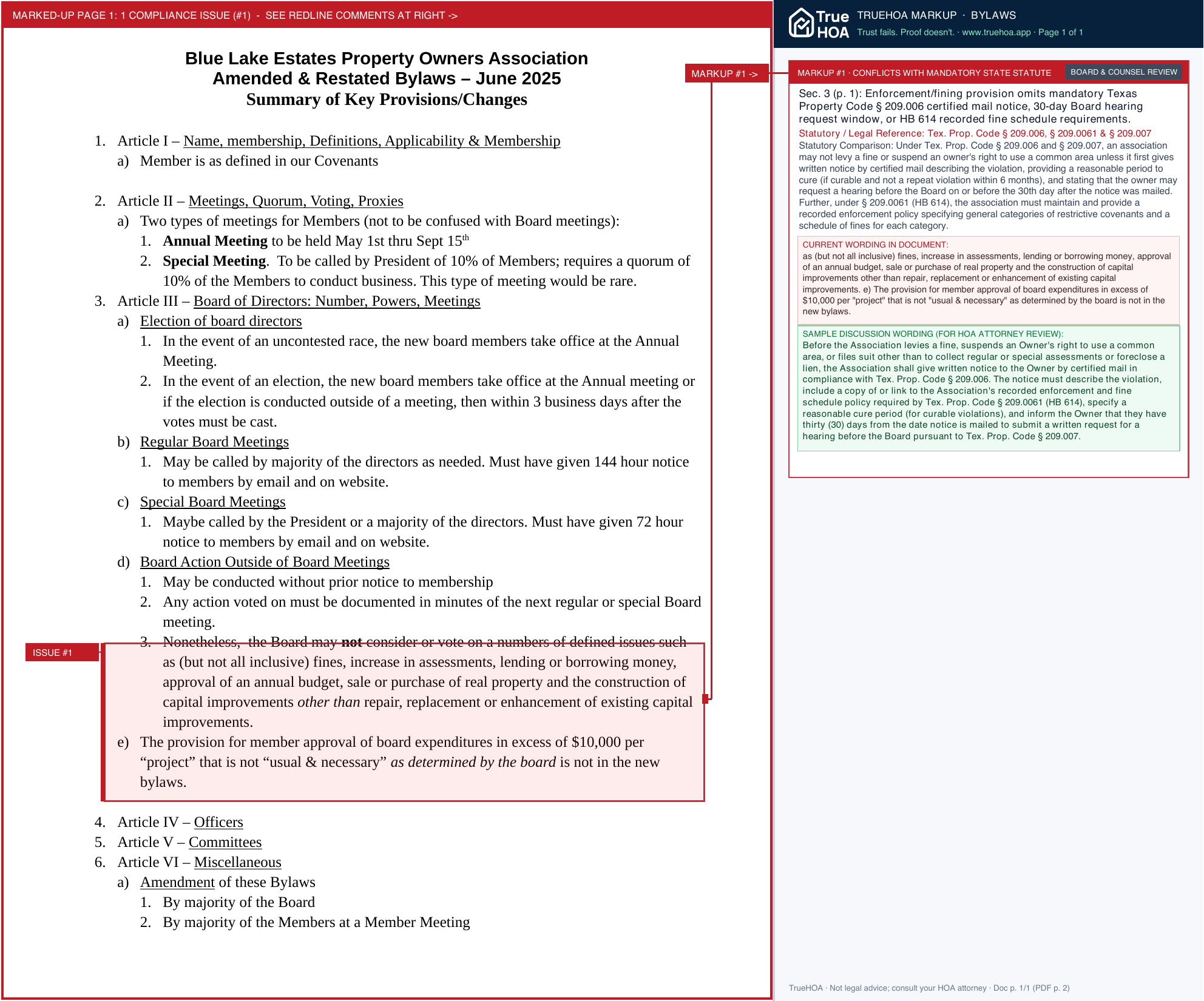 Blue Lake Estates POA Summary of Key Provisions:Changes - Amended & Restated Bylaws - June 2025 page 1 widened with TrueHOA Crystal AI margin annotations