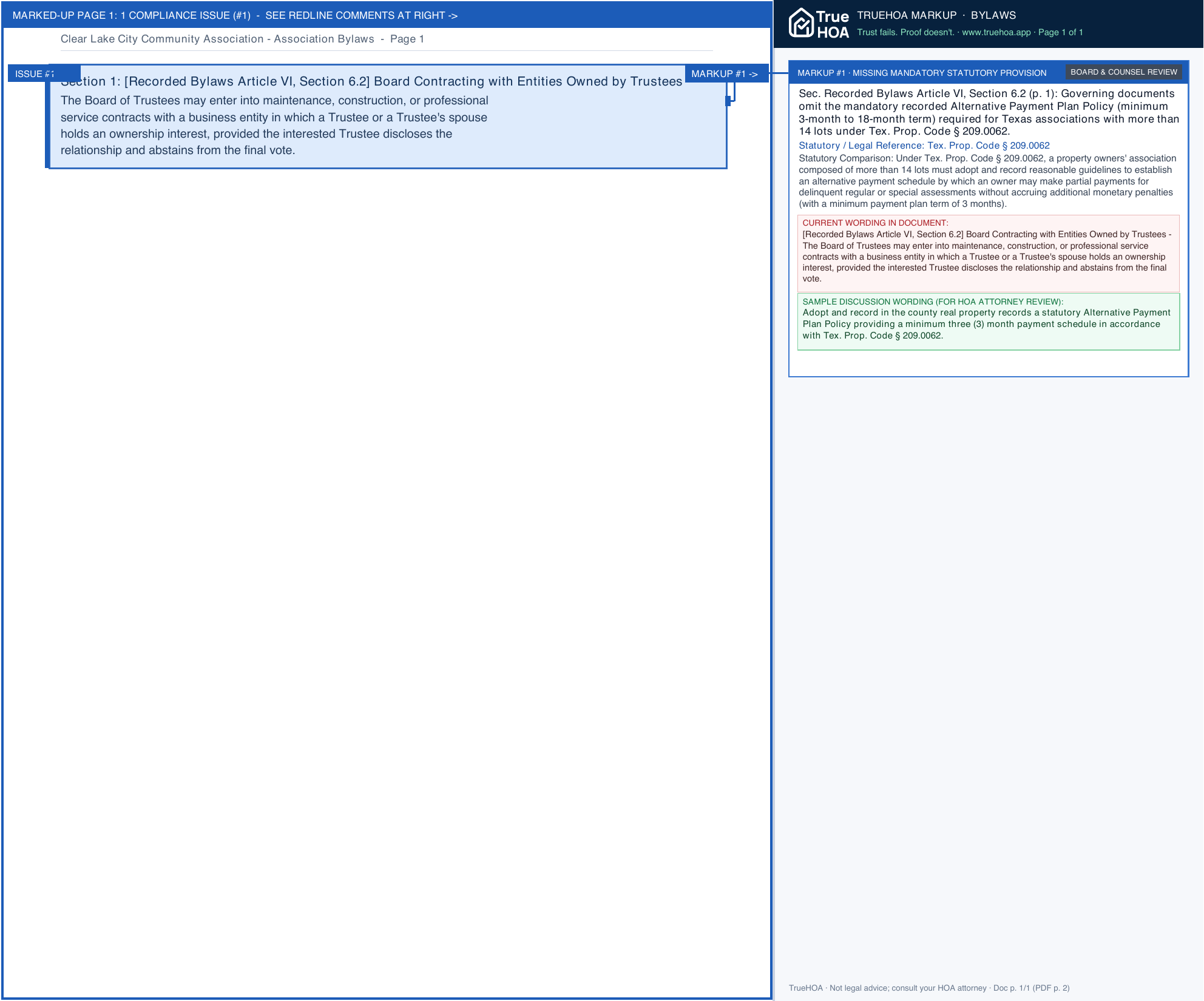 Clear Lake City Community Association Association Bylaws page 1 widened with TrueHOA Crystal AI margin annotations