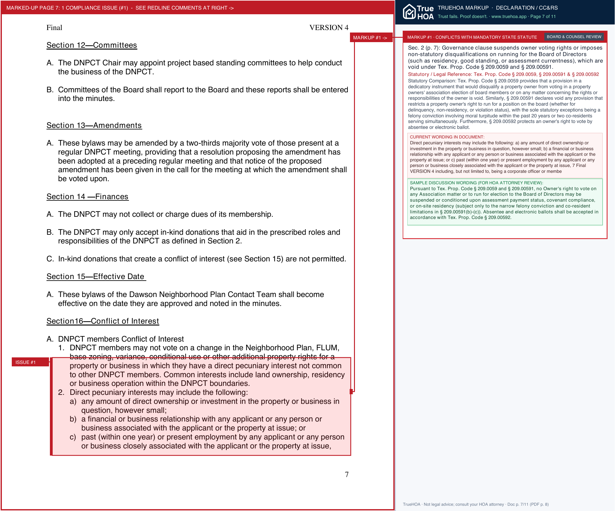Dawson Neighborhood Association DNPCT Bylaws2 page 7 widened with TrueHOA Crystal AI margin annotations