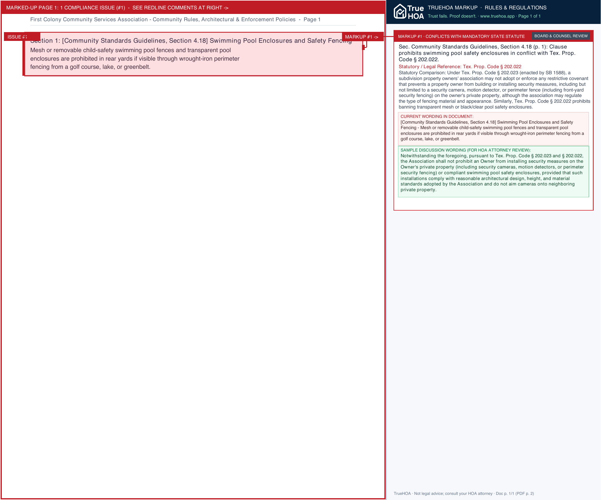 First Colony Community Services Association Community Rules, Architectural & Enforcement Policies page 1 widened with TrueHOA Crystal AI margin annotations
