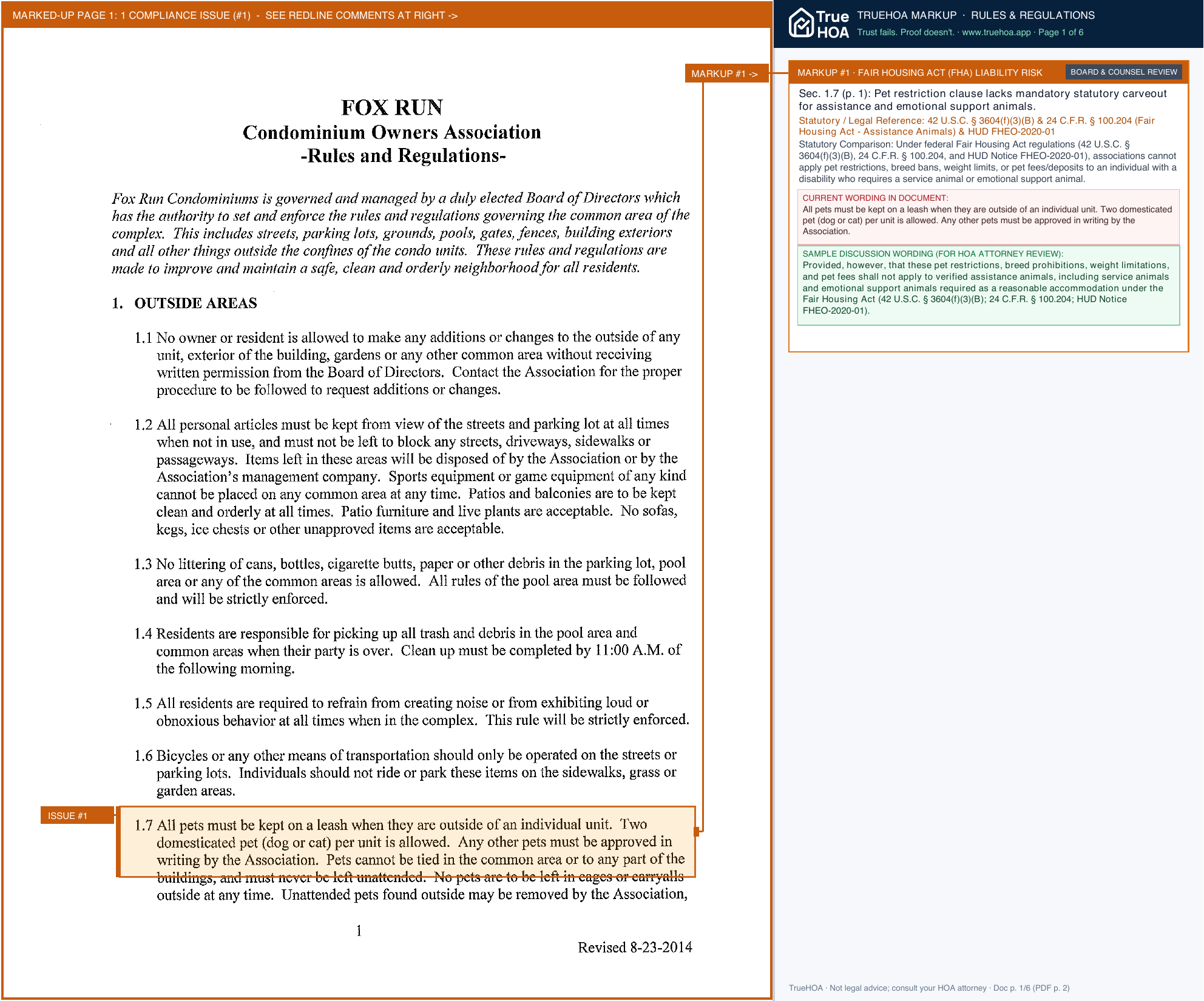 Fox Run Condominium Association Rules & Regulations - Fox Run Condominium Owners Association page 1 widened with TrueHOA Crystal AI margin annotations