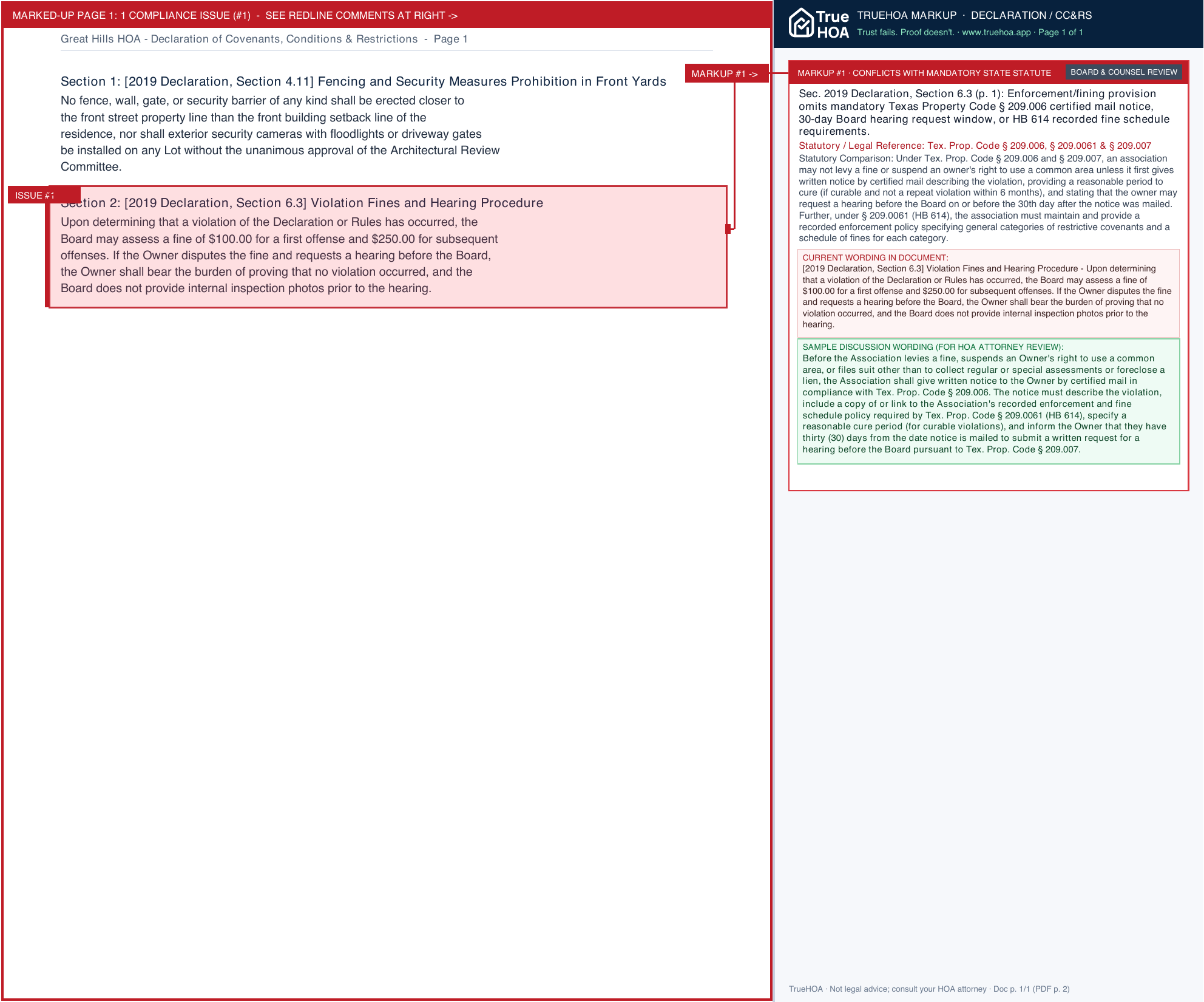 Great Hills HOA Declaration of Covenants, Conditions & Restrictions page 1 widened with TrueHOA Crystal AI margin annotations