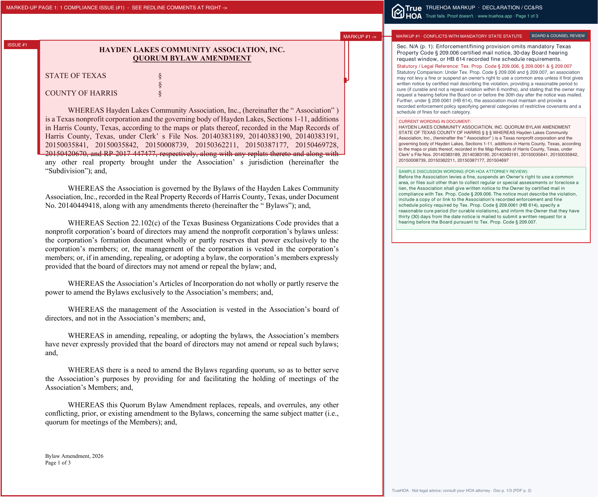 Hayden Lakes HOA Quorum amendment page 1 widened with TrueHOA Crystal AI margin annotations