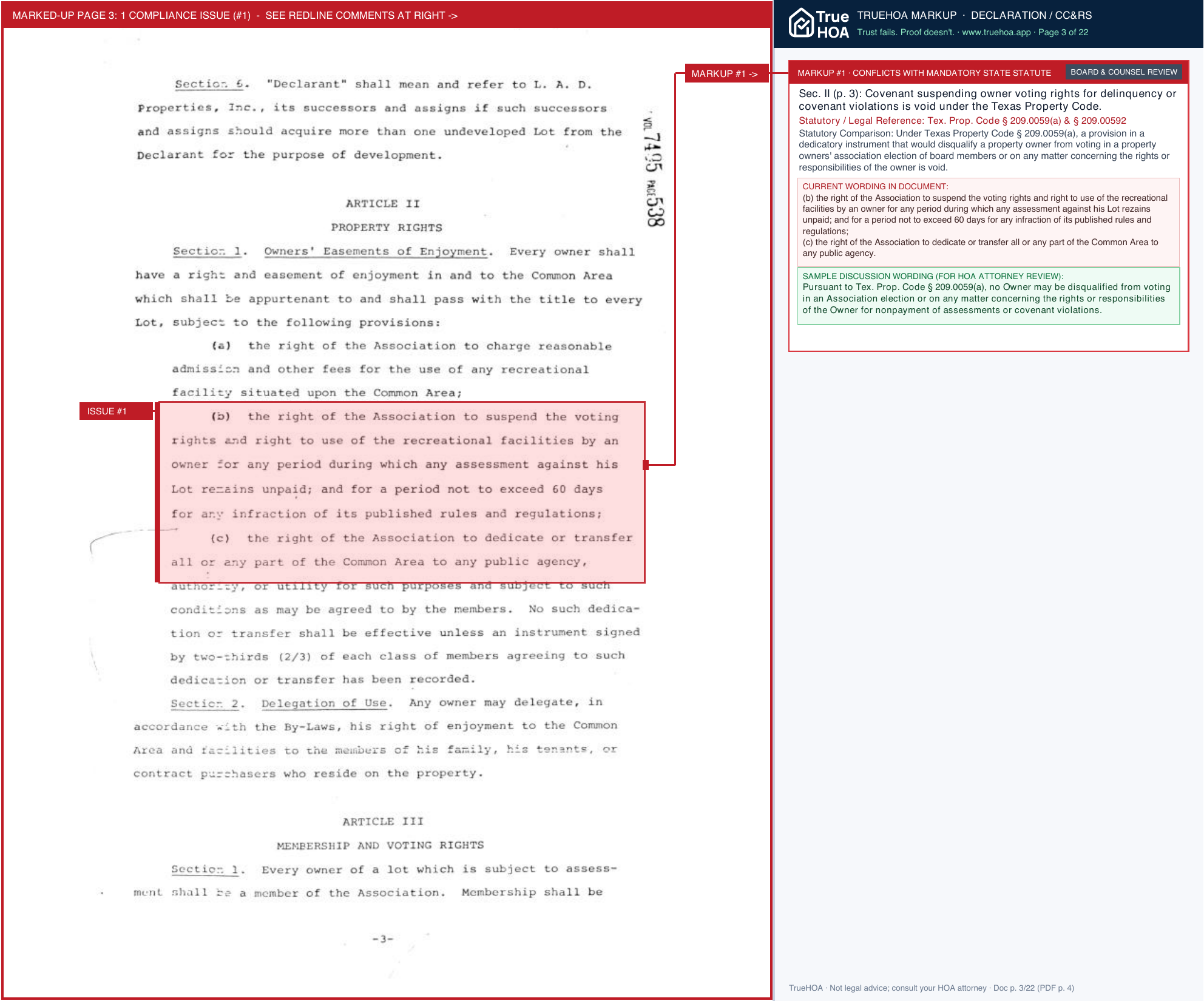 Hidden Forest HOA Declaration of Covenants page 3 widened with TrueHOA Crystal AI margin annotations
