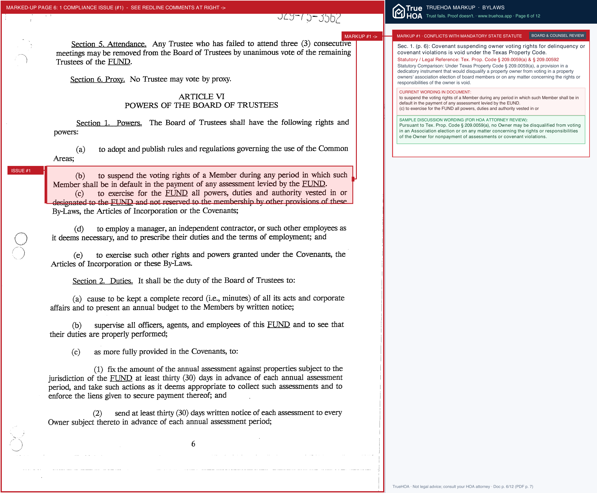 Lakewood Forest Fund Bylaws 3 page 6 widened with TrueHOA Crystal AI margin annotations