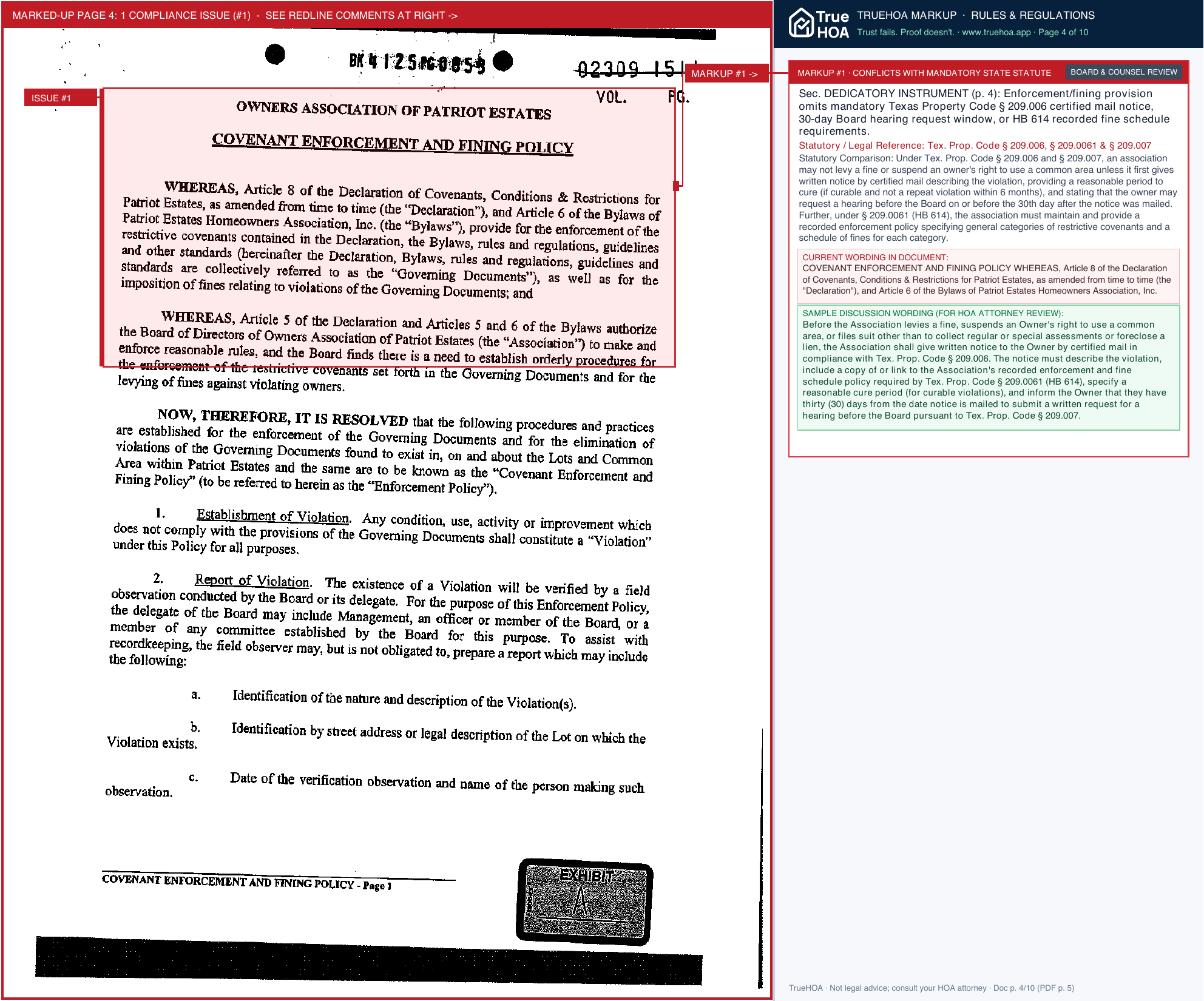 Patriot Estates HOA Covenant Enforcement And Fining Policy.Sflb.Ashx page 4 widened with TrueHOA Crystal AI margin annotations