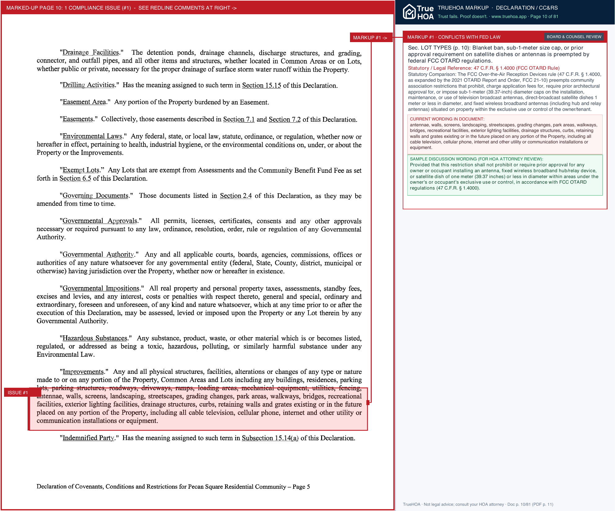 Pecan Square Residential Community Association Declaration of Covenants Conditions and Restrictions Recorded page 10 widened with TrueHOA Crystal AI margin annotations