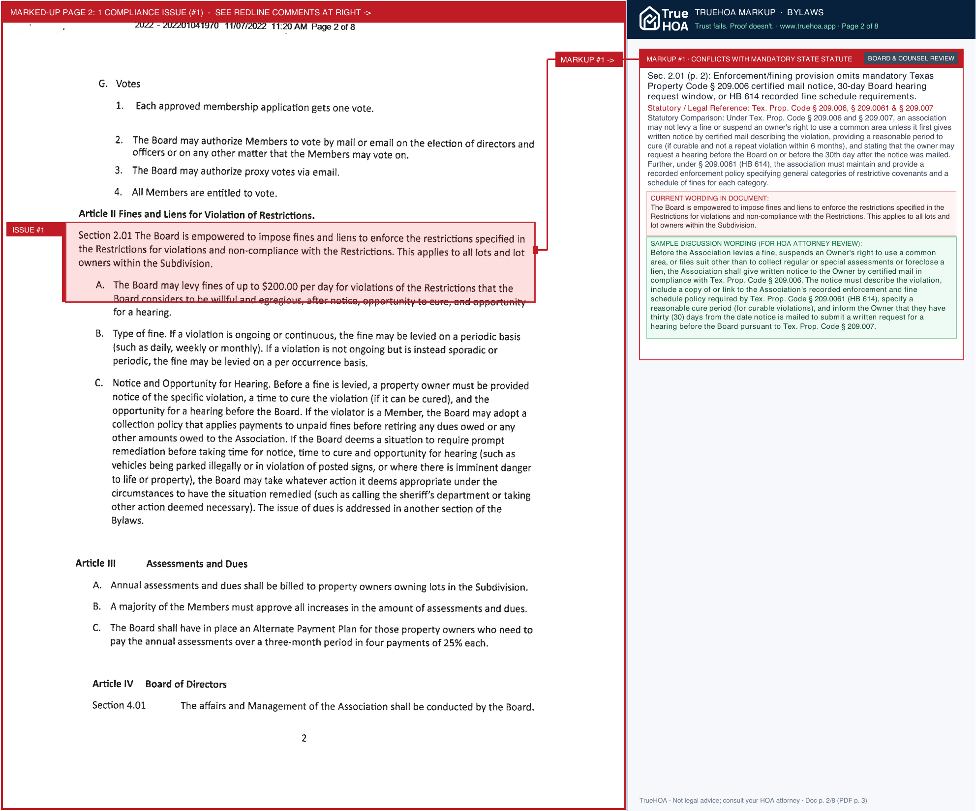 Pine Trail Owners Association Amended PTOA Bylaws 11 01 2022 page 2 widened with TrueHOA Crystal AI margin annotations