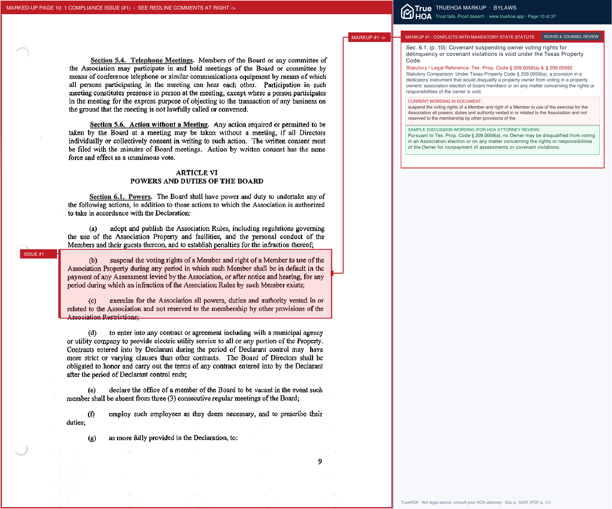 Prosper Falls HOA Recorded Bylaws from CCRs.sflb.ashx page 10 widened with TrueHOA Crystal AI margin annotations