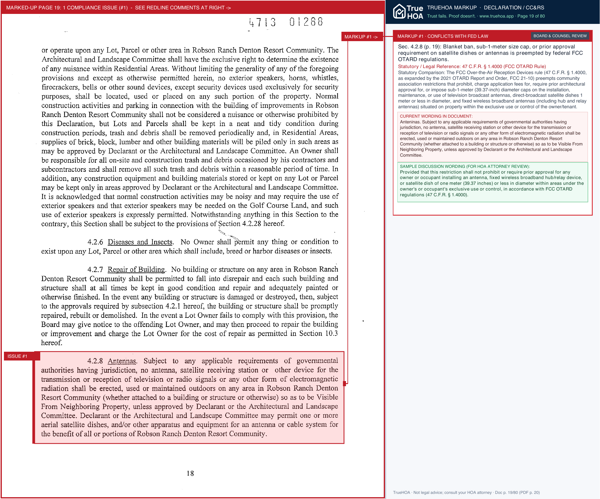 Robson Ranch Denton HOA CC&R'S page 19 widened with TrueHOA Crystal AI margin annotations
