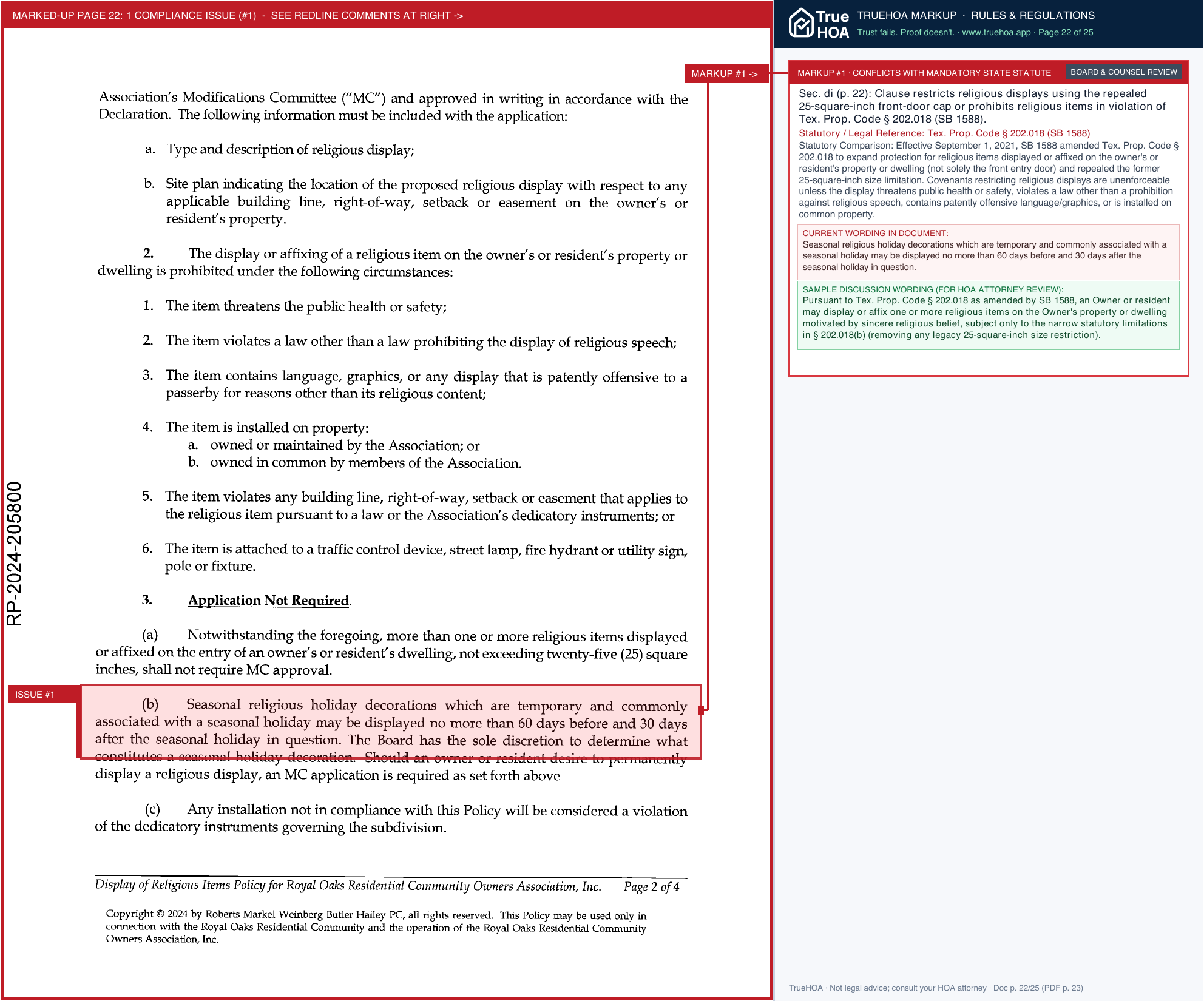 Royal Oaks Residential Community Owners Association Supplemental Notice of Dedicatory Instruments Bid Solicitation, 209 Hearing, Display of Religious Items, and Collection Policy and Payment Plan Guidelines page 22 widened with TrueHOA Crystal AI margin annotations