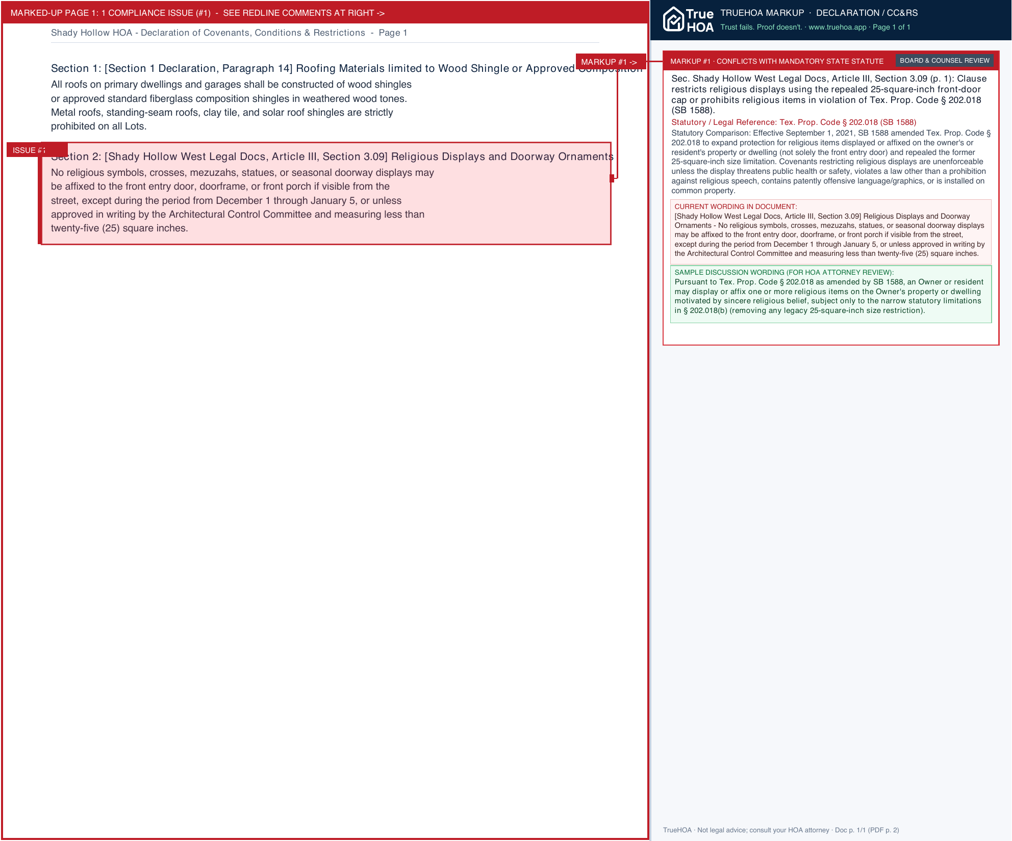 Shady Hollow HOA Declaration of Covenants, Conditions & Restrictions page 1 widened with TrueHOA Crystal AI margin annotations