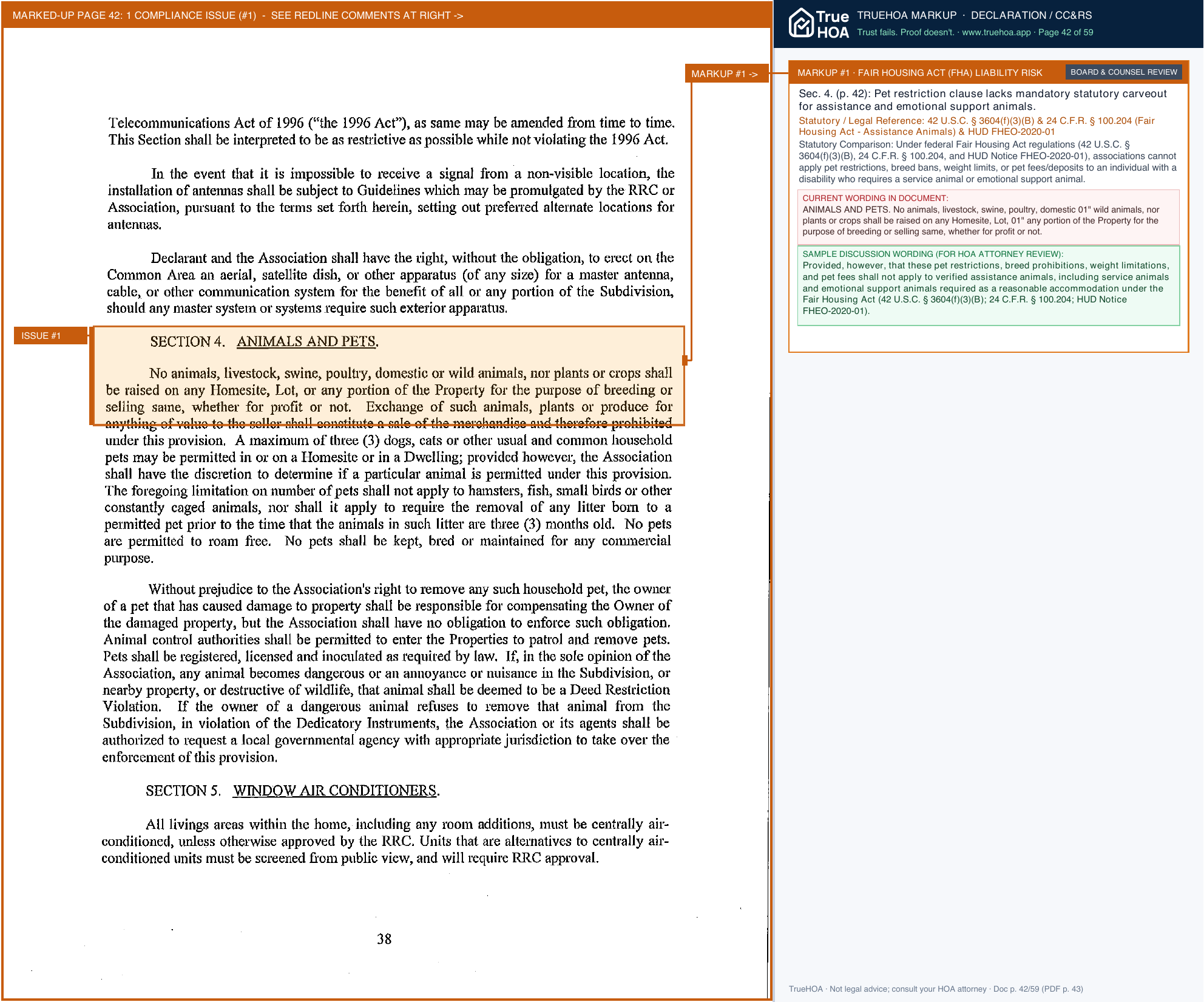 Sienna Residential Association CURRENT19 Second Amended and Restated Declaration of CCRs plus 1st Amendment page 42 widened with TrueHOA Crystal AI margin annotations