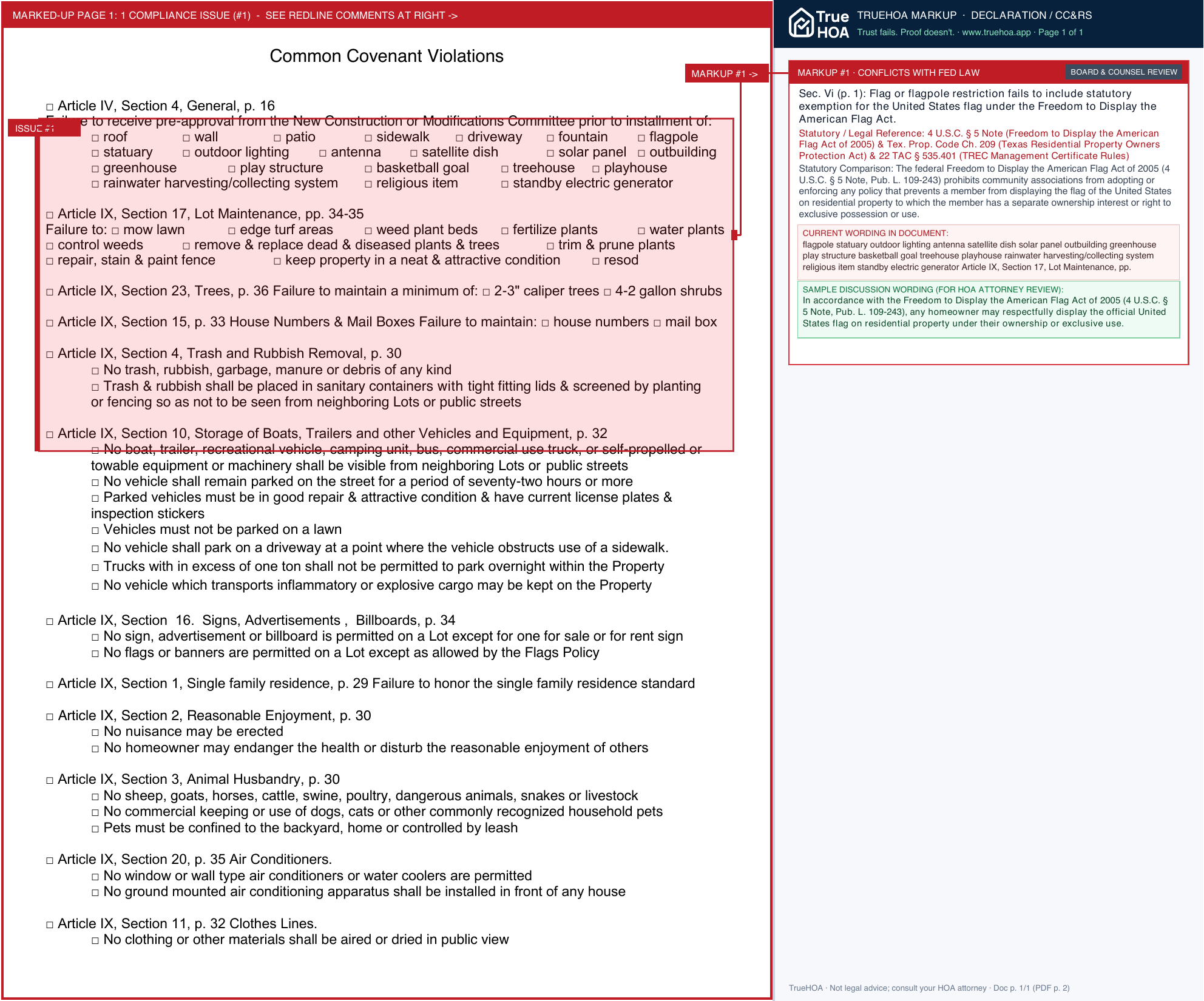 Southridge Estates HOA Common Covenant Violations page 1 widened with TrueHOA Crystal AI margin annotations