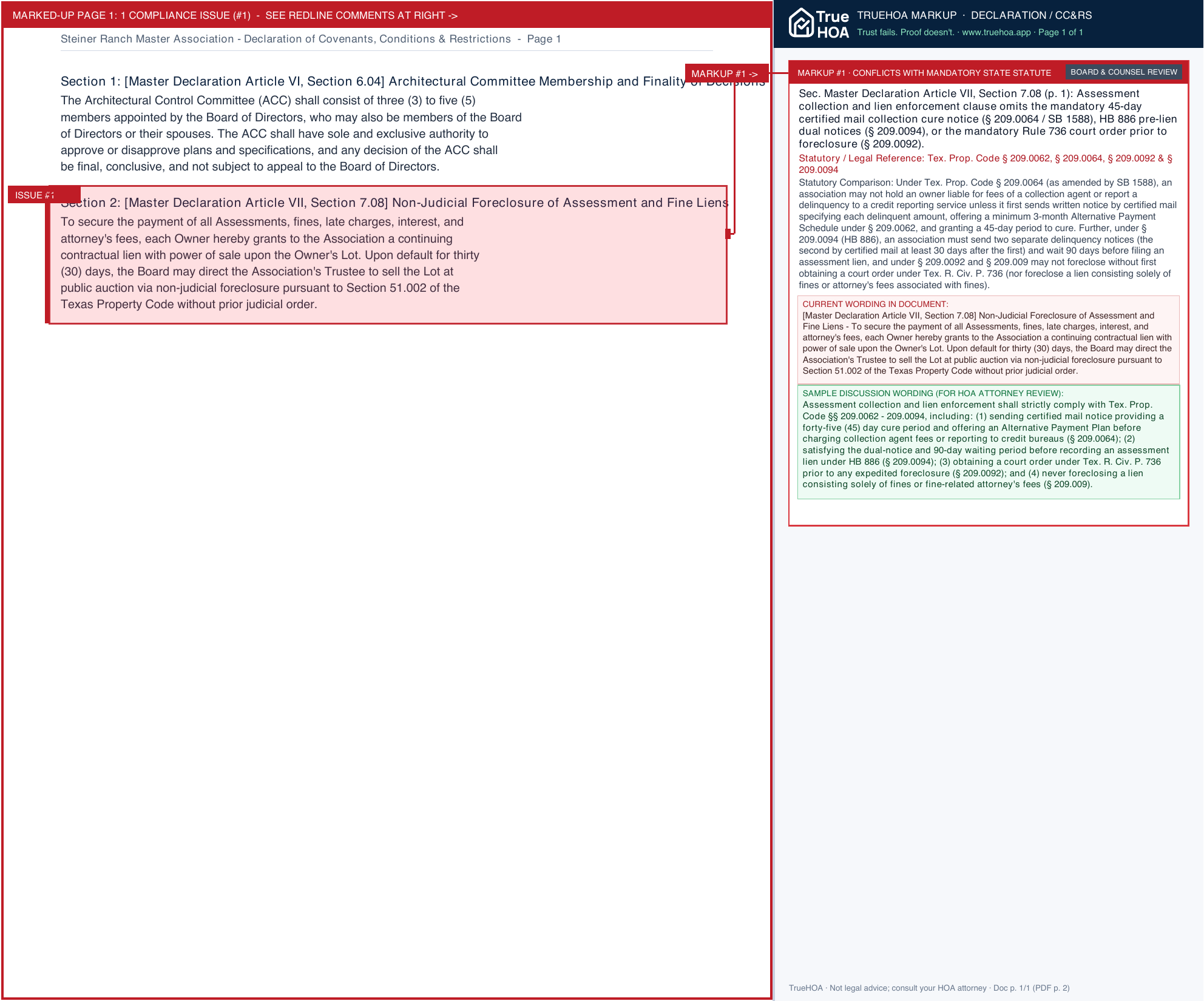 Steiner Ranch Master Association Declaration of Covenants, Conditions & Restrictions page 1 widened with TrueHOA Crystal AI margin annotations