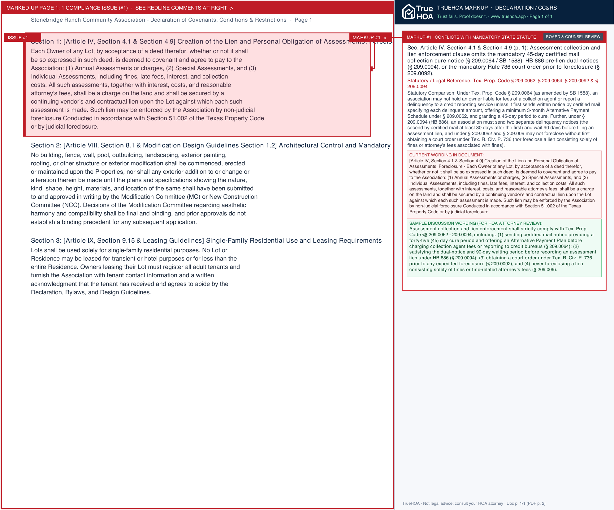 Stonebridge Ranch Community Association Declaration of Covenants, Conditions & Restrictions page 1 widened with TrueHOA Crystal AI margin annotations