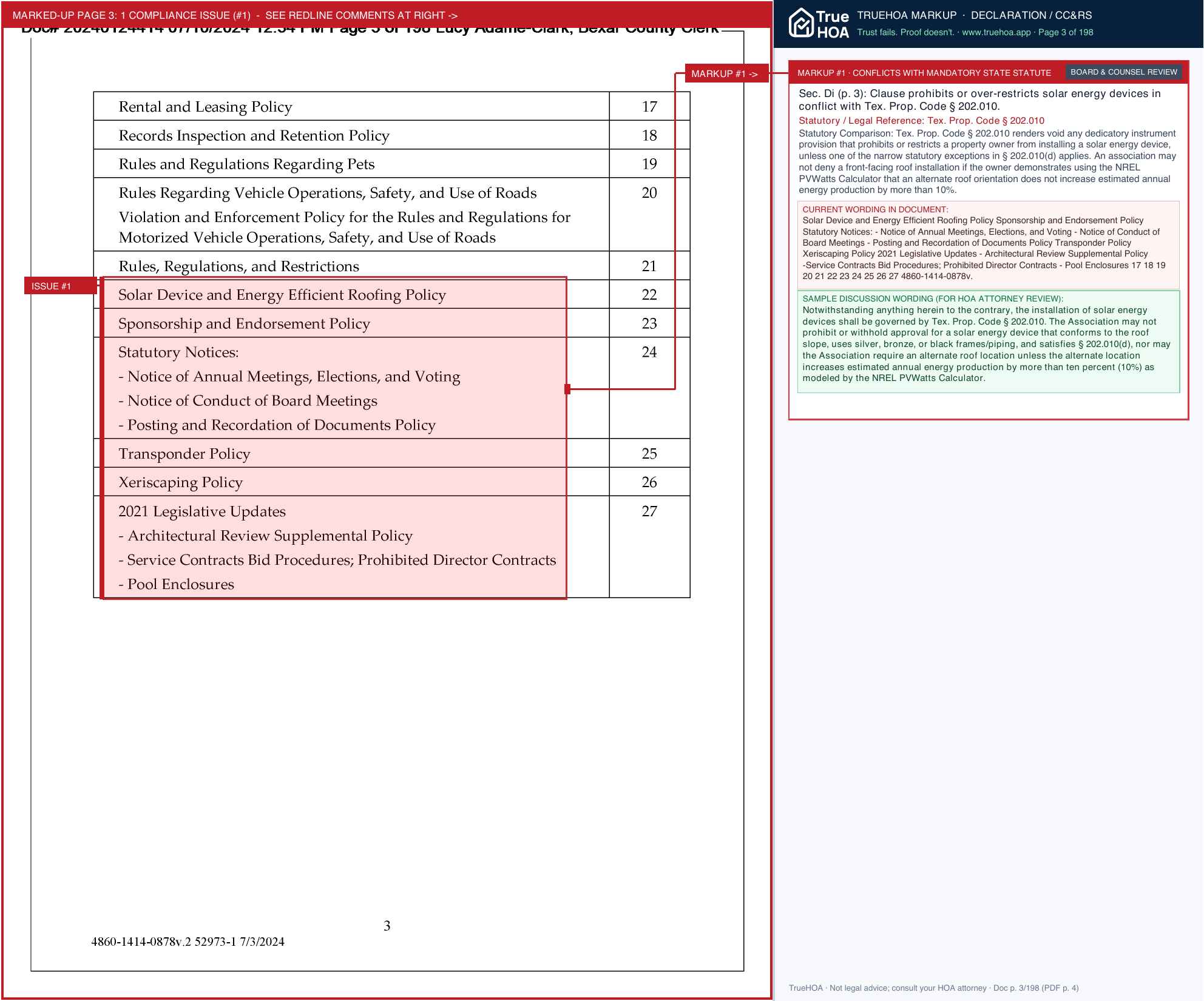 The Dominion HOA Recorded Dominion Community Manual Amended and Renumbered page 3 widened with TrueHOA Crystal AI margin annotations