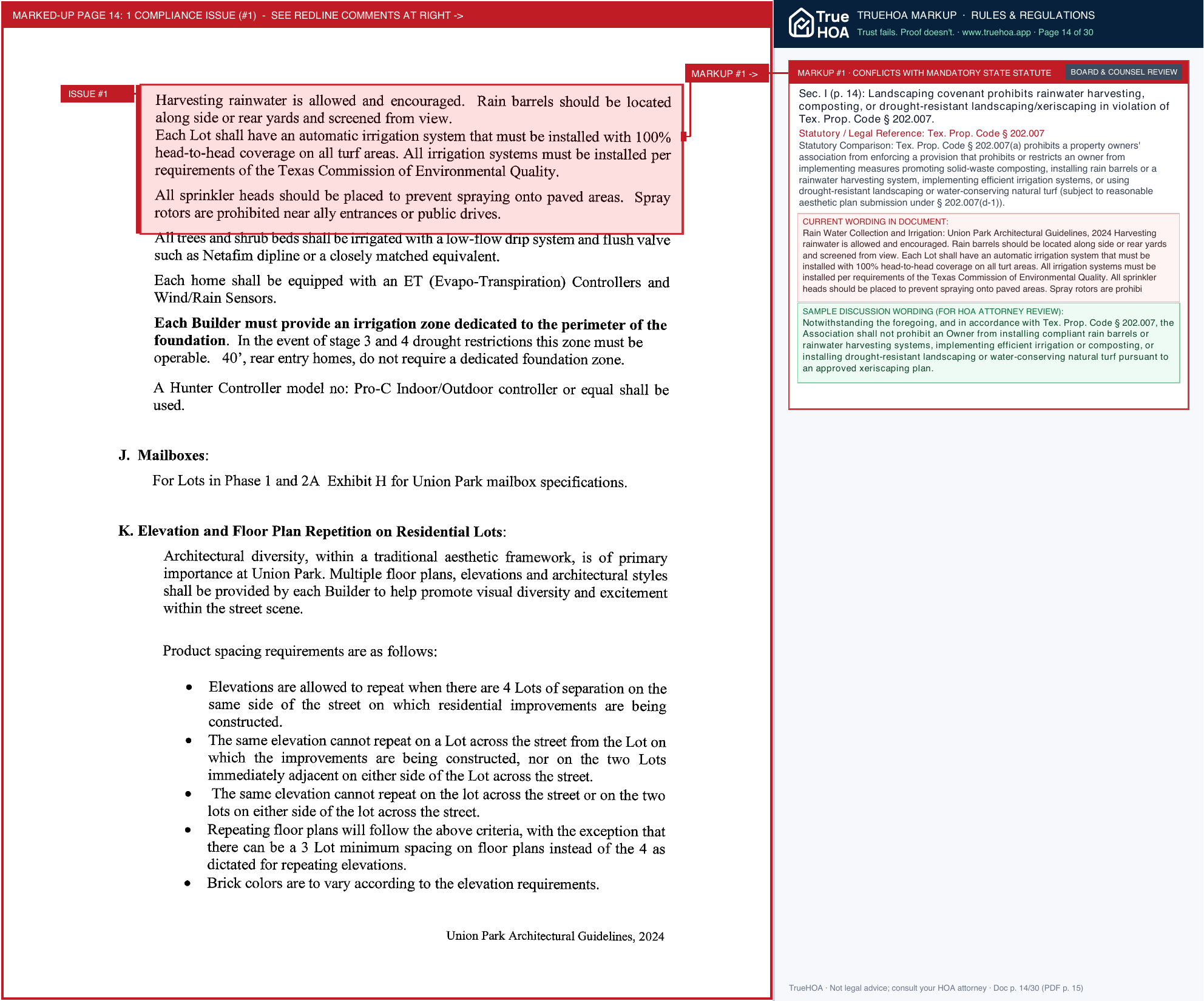 Union Park Residential Community Association Amended Restated Architectural Guidelines of Union Park 2026 page 14 widened with TrueHOA Crystal AI margin annotations
