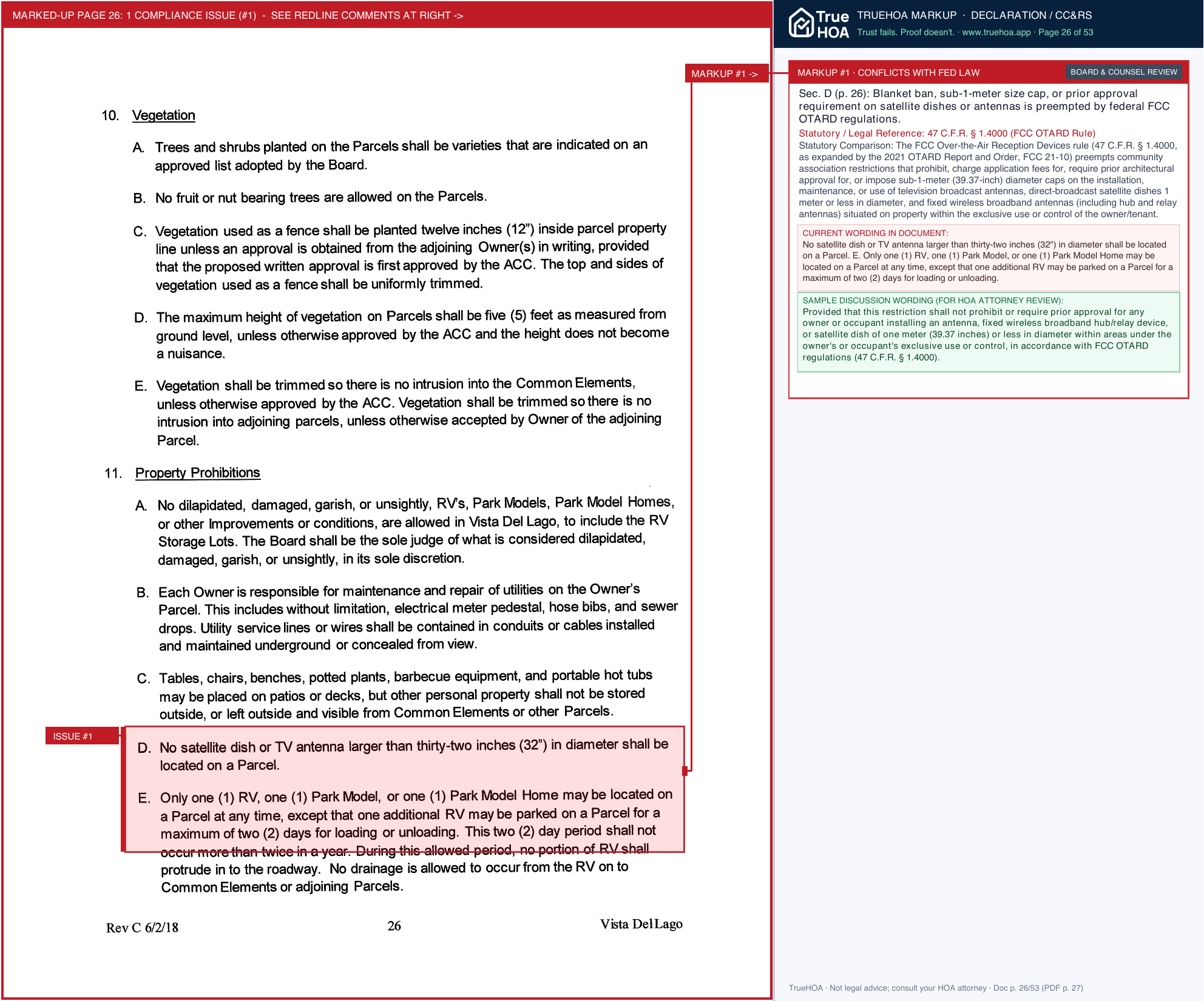 Vista Del Lago HOA CCR Declaration page 26 widened with TrueHOA Crystal AI margin annotations