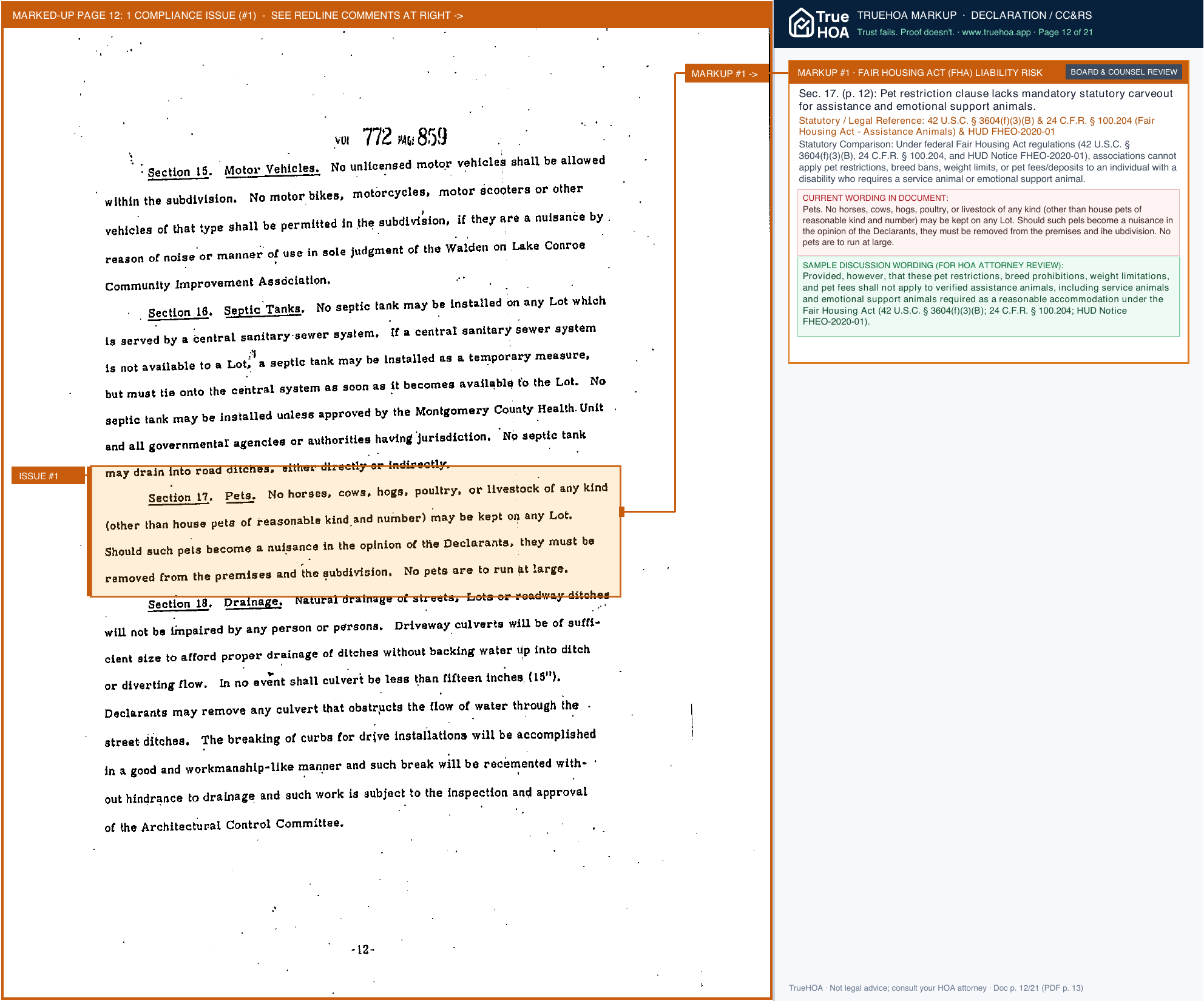 Walden on Lake Conroe Community Improvement Association Current Deed Restrictions Sec 1 8 11 page 12 widened with TrueHOA Crystal AI margin annotations