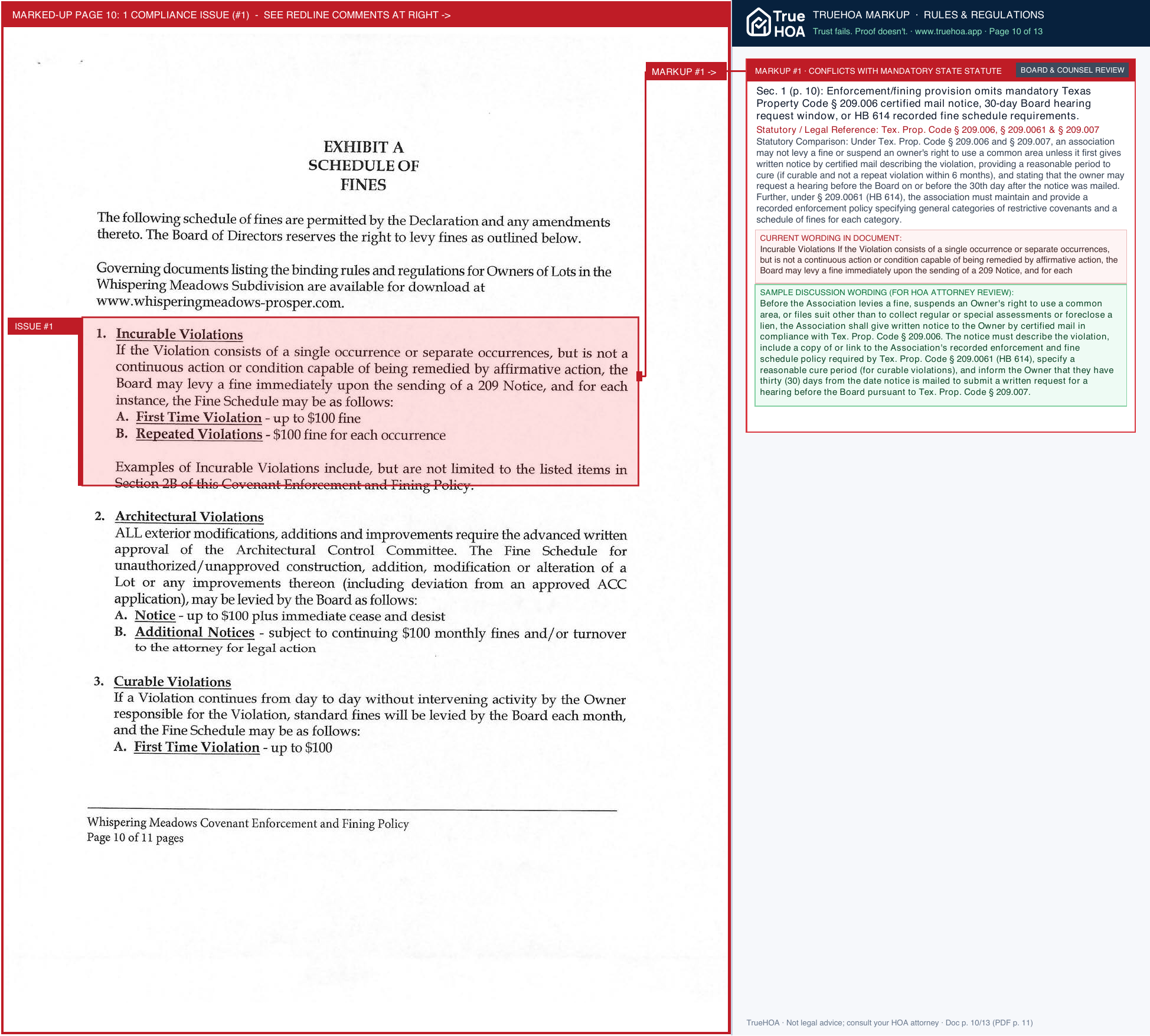 Whispering Meadows Residential Association Wmra Covenant Enforcement Fining Policy page 10 widened with TrueHOA Crystal AI margin annotations