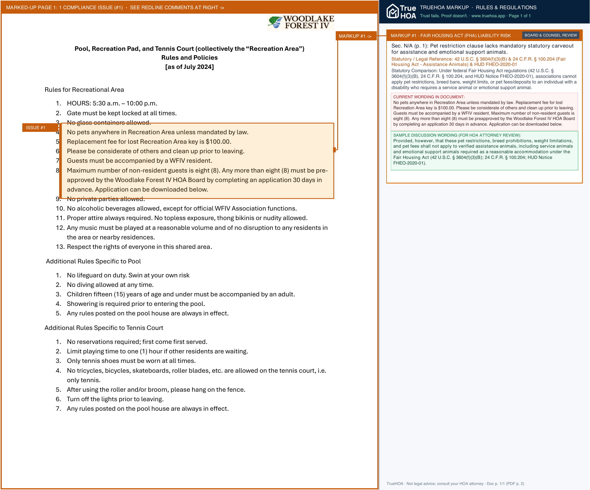 Woodlake Forest IV HOA WFIV Recreation Area Rules Policies July 2024 page 1 widened with TrueHOA Crystal AI margin annotations