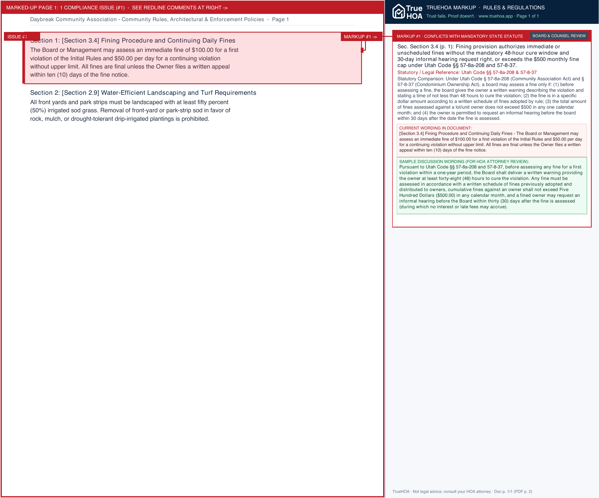 Daybreak Community Association Community Rules, Architectural & Enforcement Policies page 1 widened with TrueHOA Crystal AI margin annotations