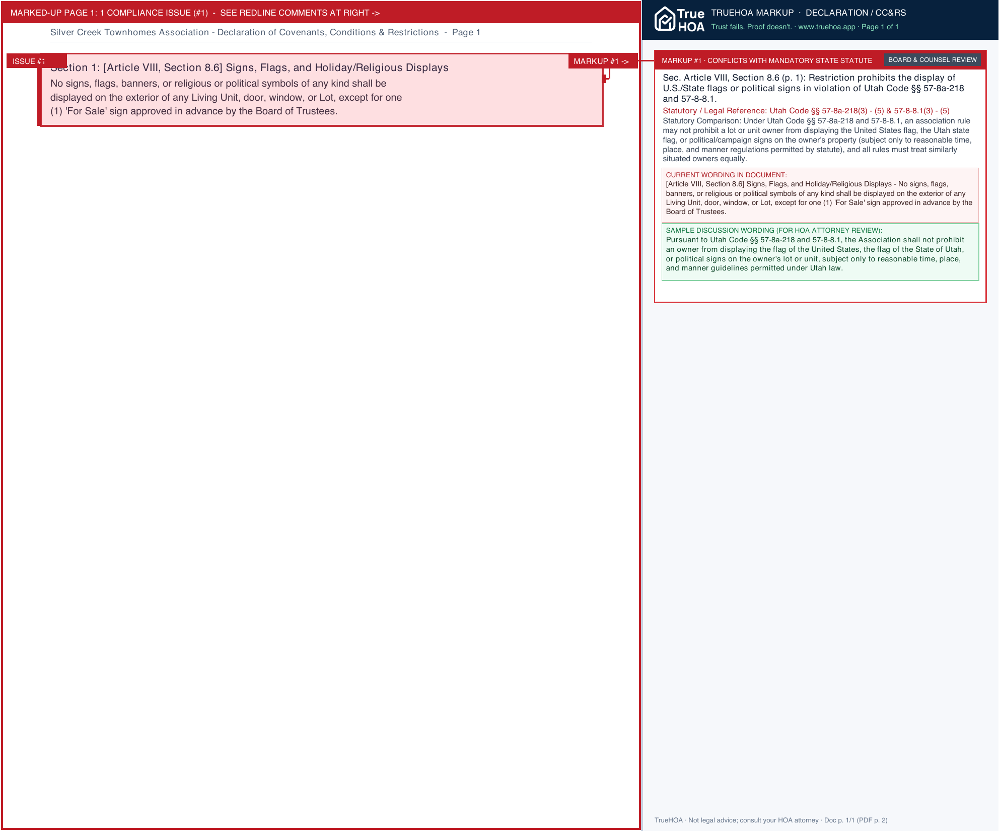 Silver Creek Townhomes Association Declaration of Covenants, Conditions & Restrictions page 1 widened with TrueHOA Crystal AI margin annotations