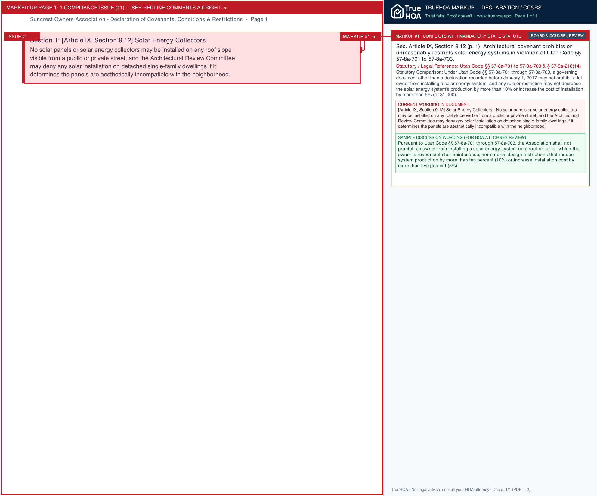 Suncrest Owners Association Declaration of Covenants, Conditions & Restrictions page 1 widened with TrueHOA Crystal AI margin annotations