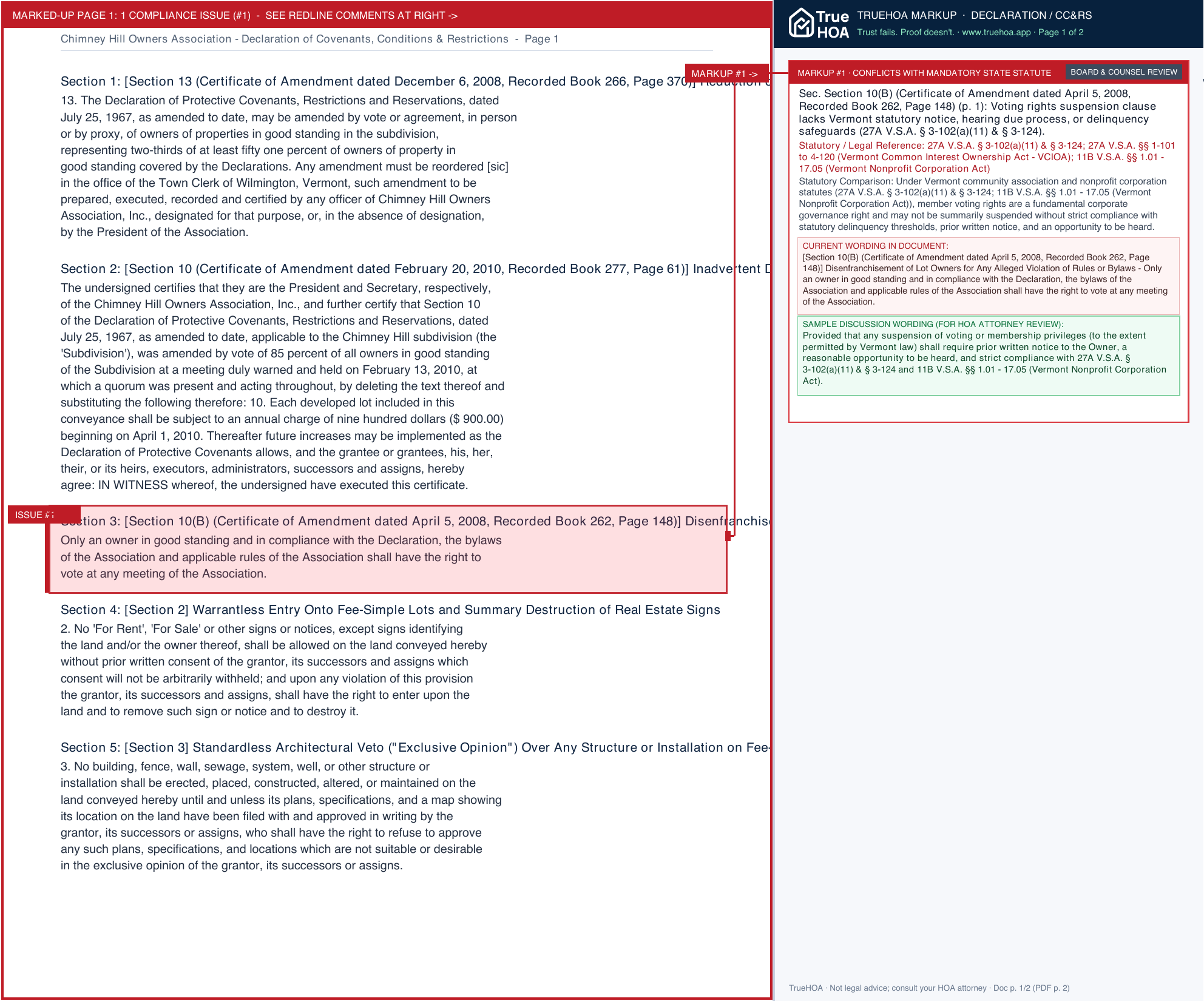 Chimney Hill Owners Association Declaration of Covenants, Conditions & Restrictions page 1 widened with TrueHOA Crystal AI margin annotations