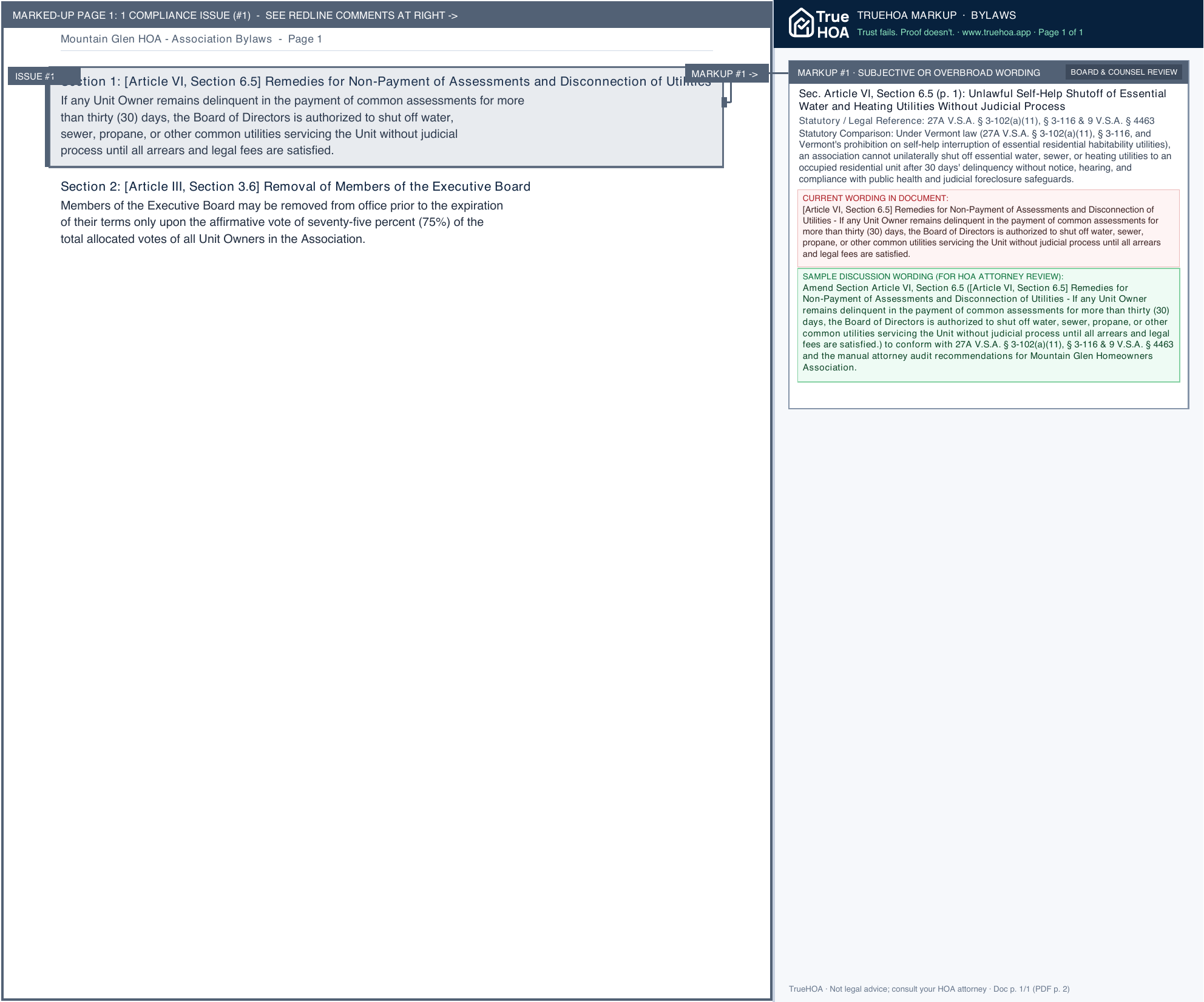 Mountain Glen HOA Association Bylaws page 1 widened with TrueHOA Crystal AI margin annotations