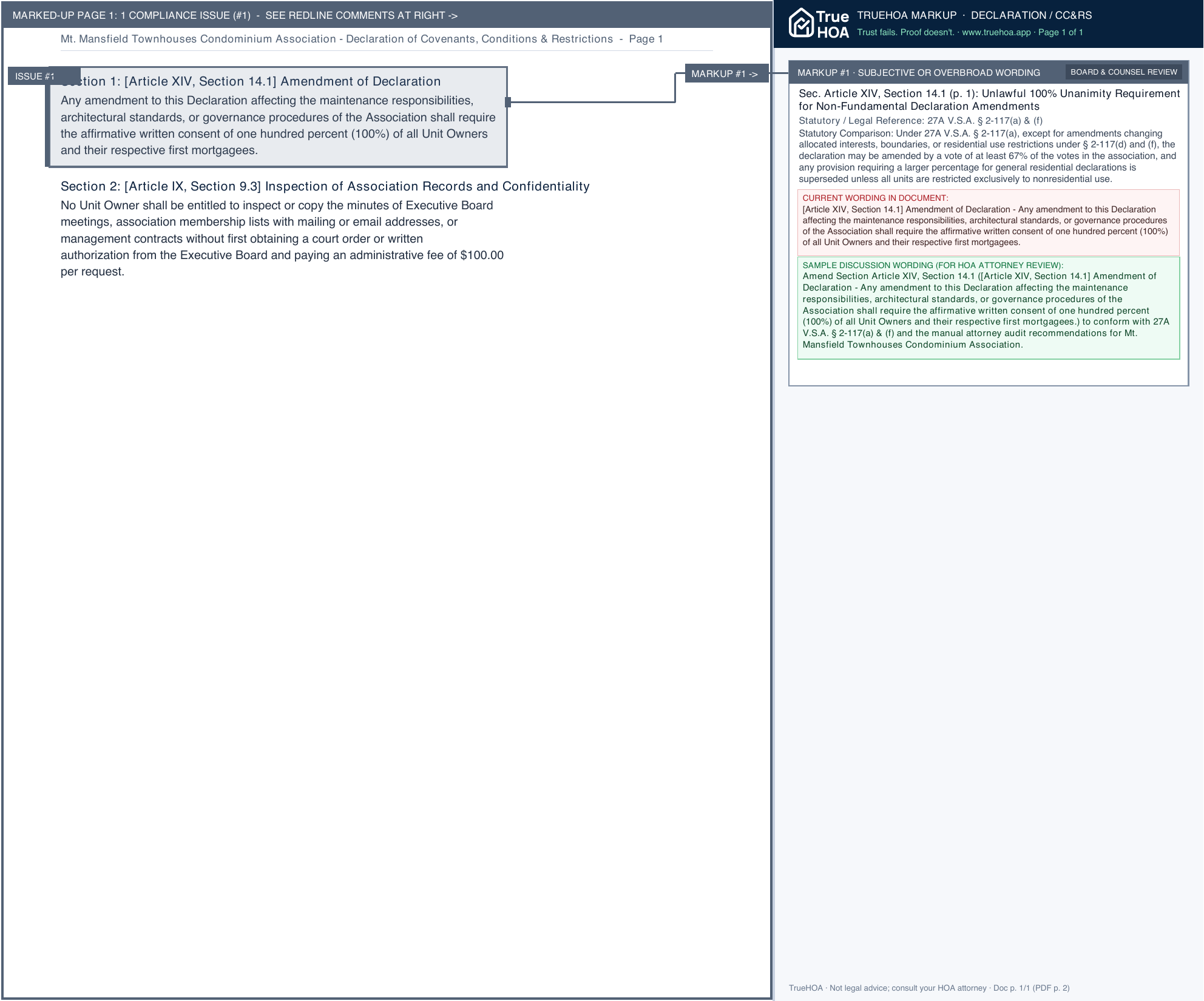 Mt. Mansfield Townhouses Condominium Association Declaration of Covenants, Conditions & Restrictions page 1 widened with TrueHOA Crystal AI margin annotations