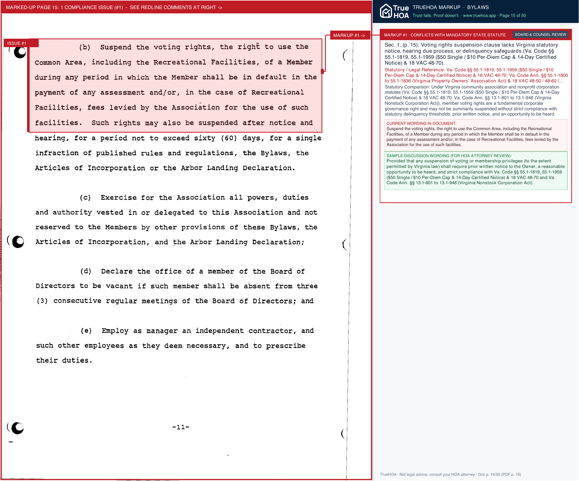 Arbor Landing HOA ALHOA Bylaws page 15 widened with TrueHOA Crystal AI margin annotations