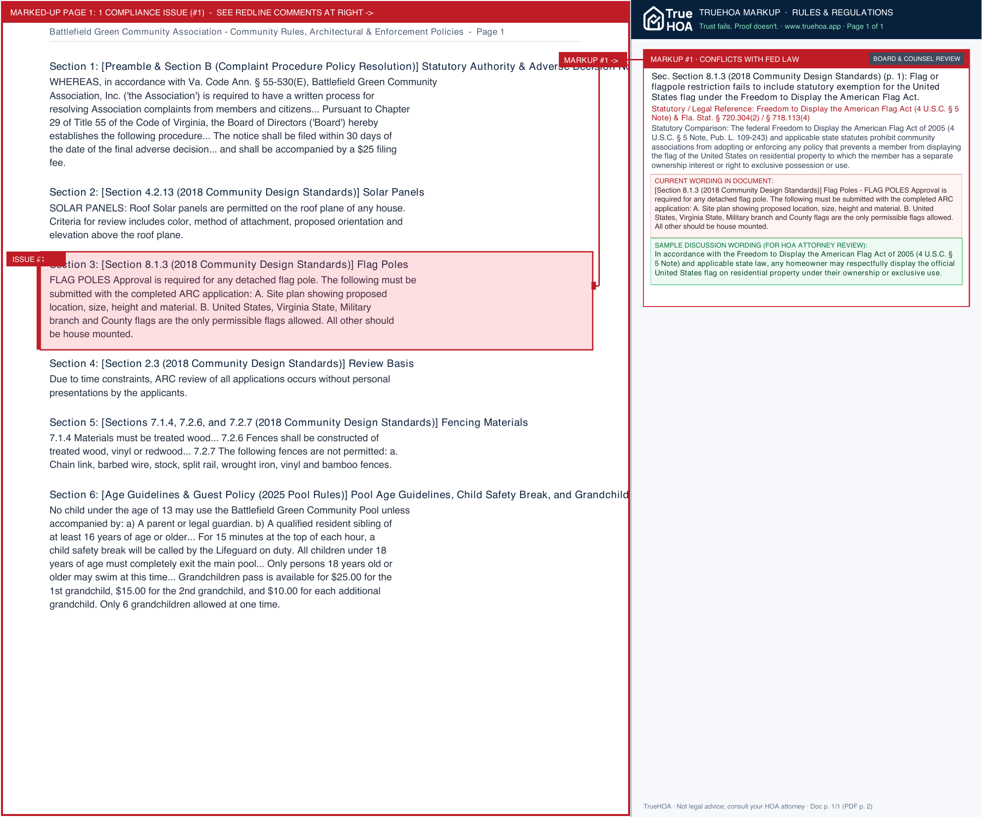 Battlefield Green Community Association Community Rules, Architectural & Enforcement Policies page 1 widened with TrueHOA Crystal AI margin annotations
