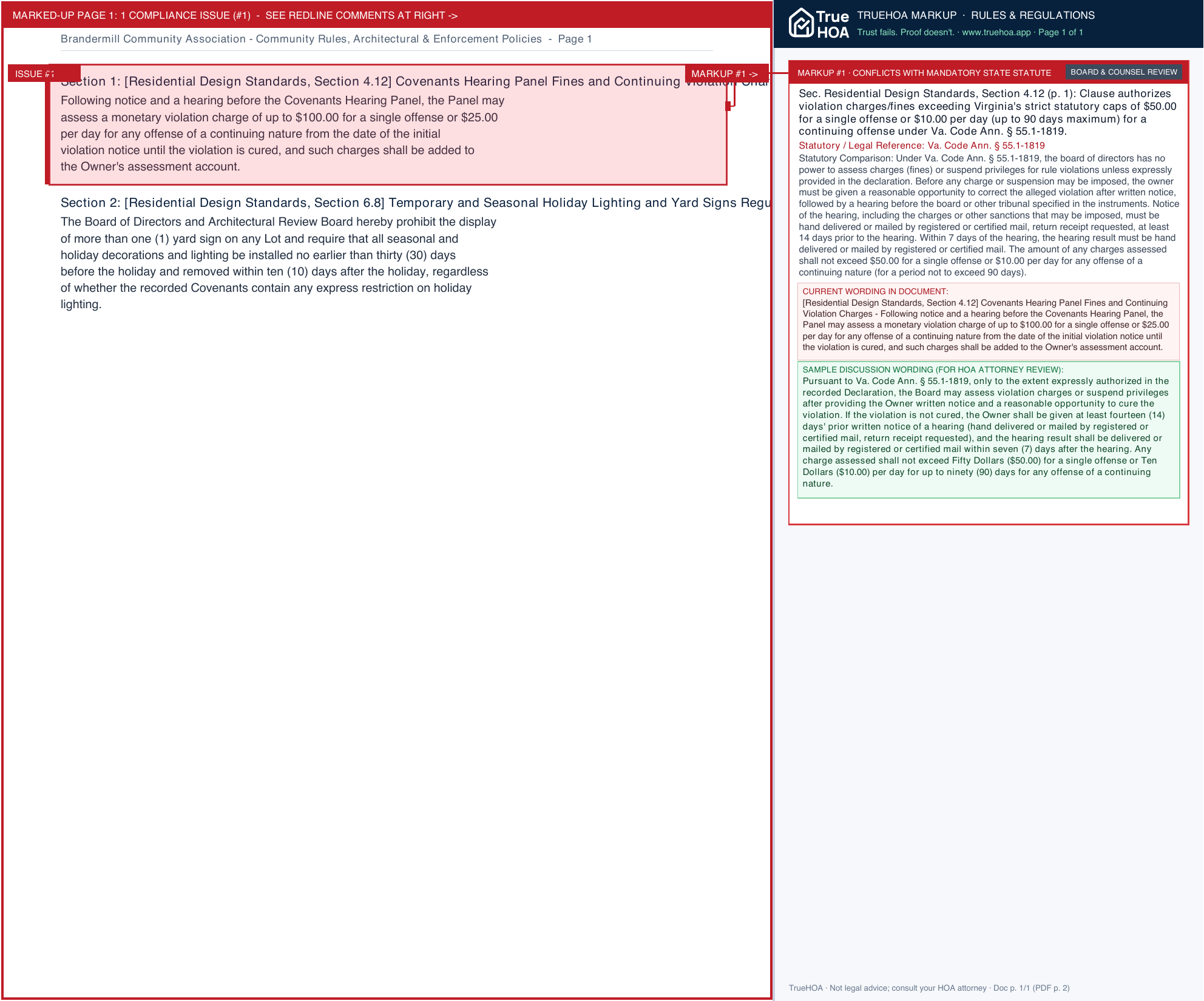 Brandermill Community Association Community Rules, Architectural & Enforcement Policies page 1 widened with TrueHOA Crystal AI margin annotations