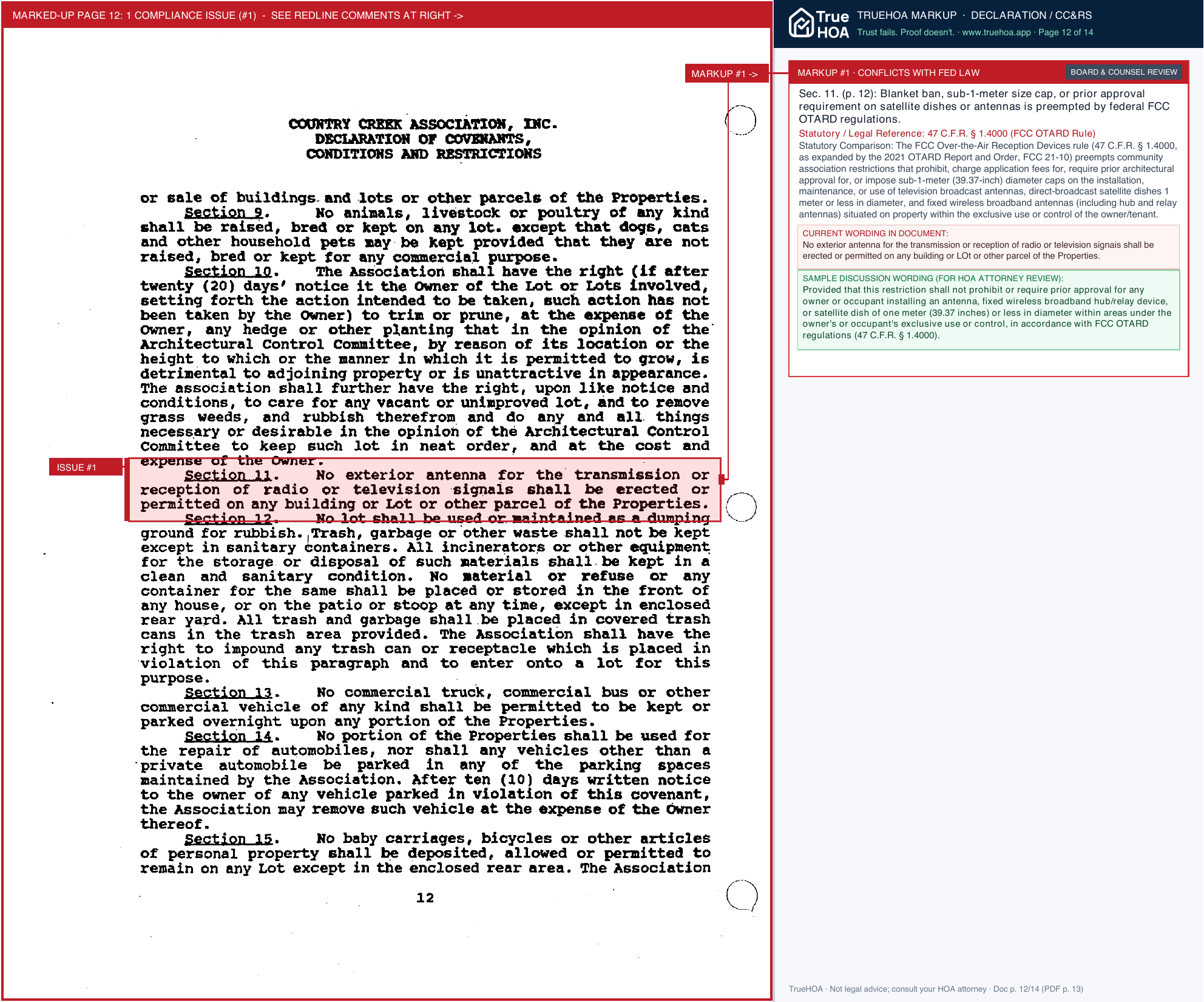 Country Creek HOA Declaration page 12 widened with TrueHOA Crystal AI margin annotations