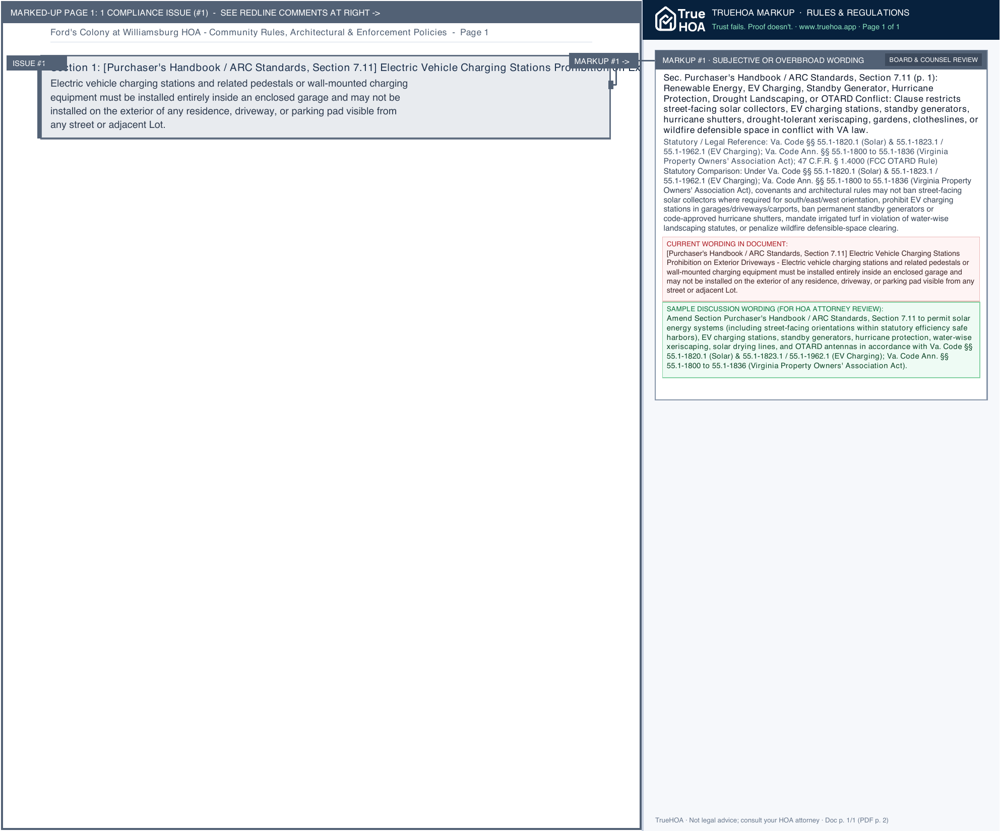 Ford's Colony at Williamsburg HOA Community Rules, Architectural & Enforcement Policies page 1 widened with TrueHOA Crystal AI margin annotations